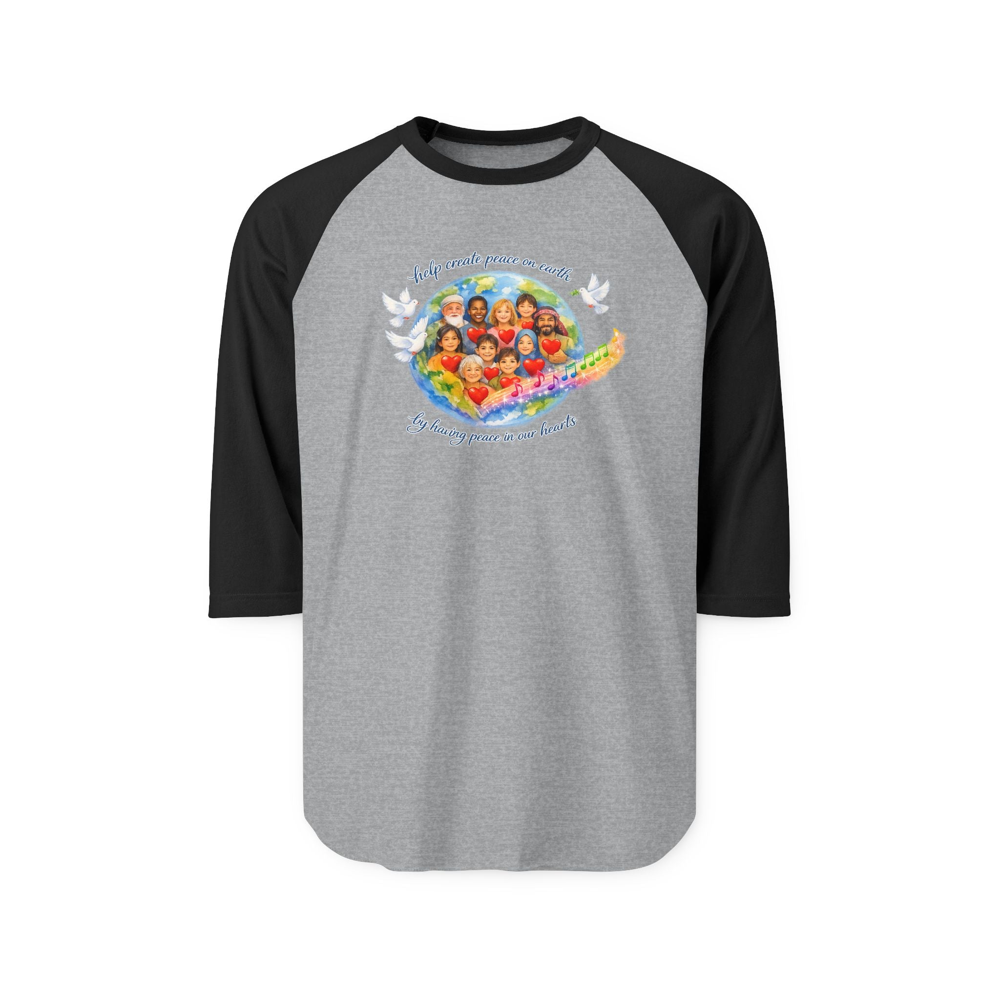 Raglan Shirt — "Help create peace on earth" Dove & Children Graphic Baseball Tee