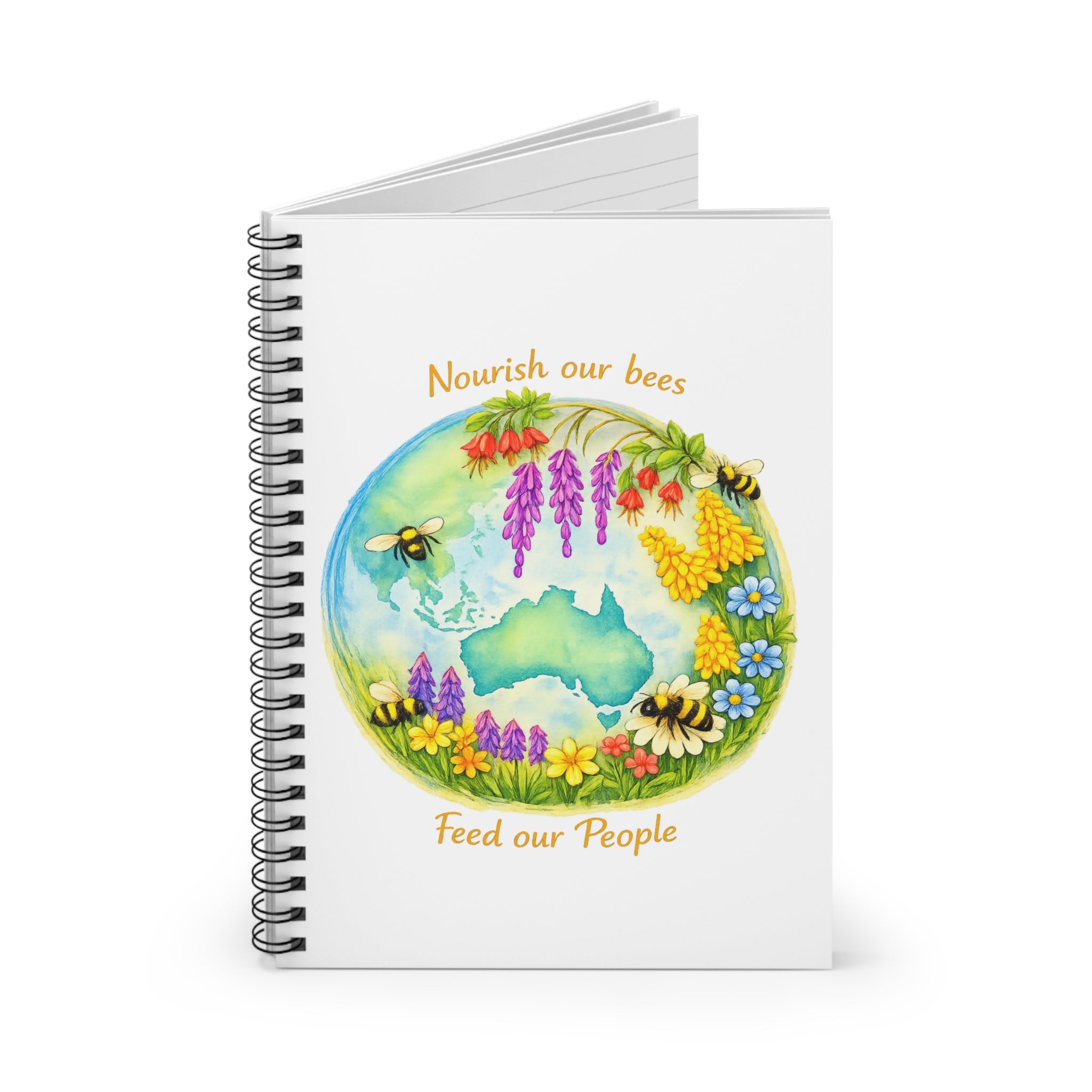 Notebook — "Nourish Our Bees, Feed Our People" Australia Floral Bee Spiral Notebook