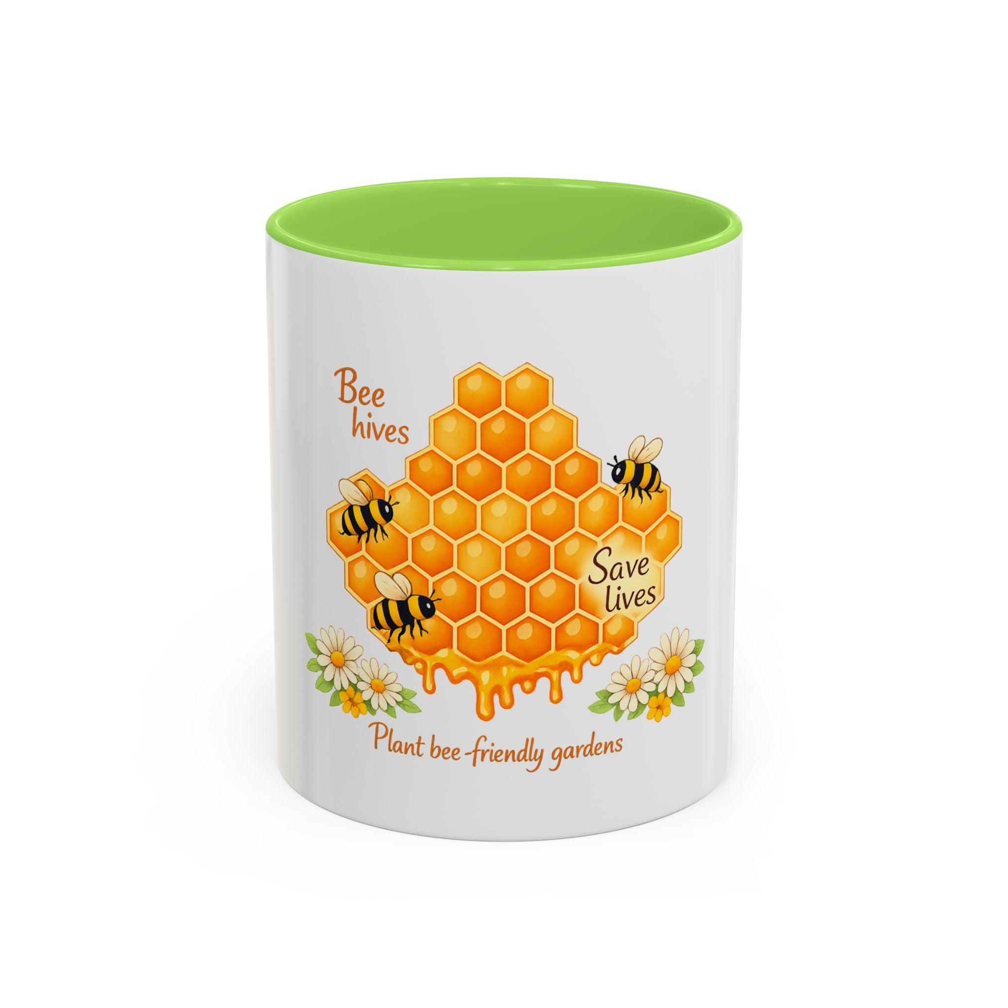 Bee-Friendly Honeycomb Mug — “Bee hives Save Lives” 11oz/15oz