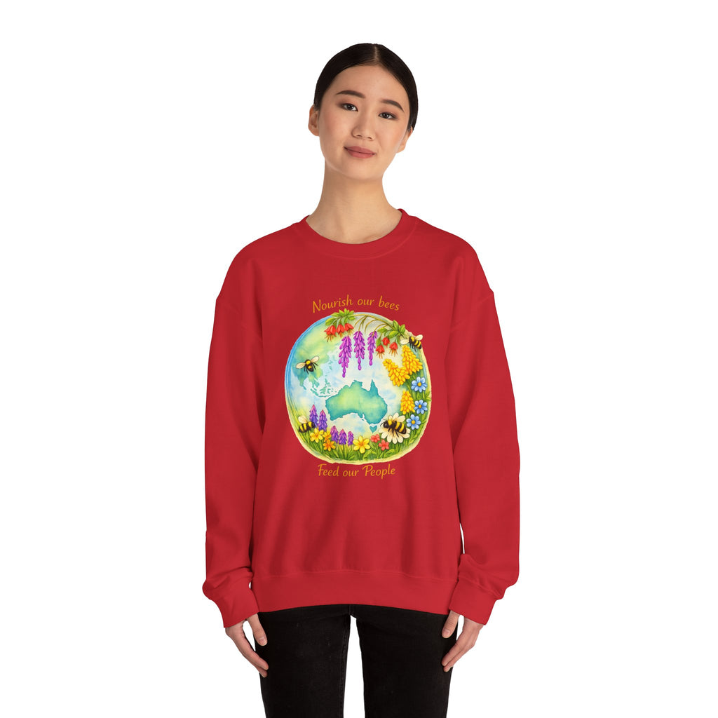 Crewneck Sweatshirt – "Nourish Our Bees, Feed Our People" Floral Australia Bee Conservation Design