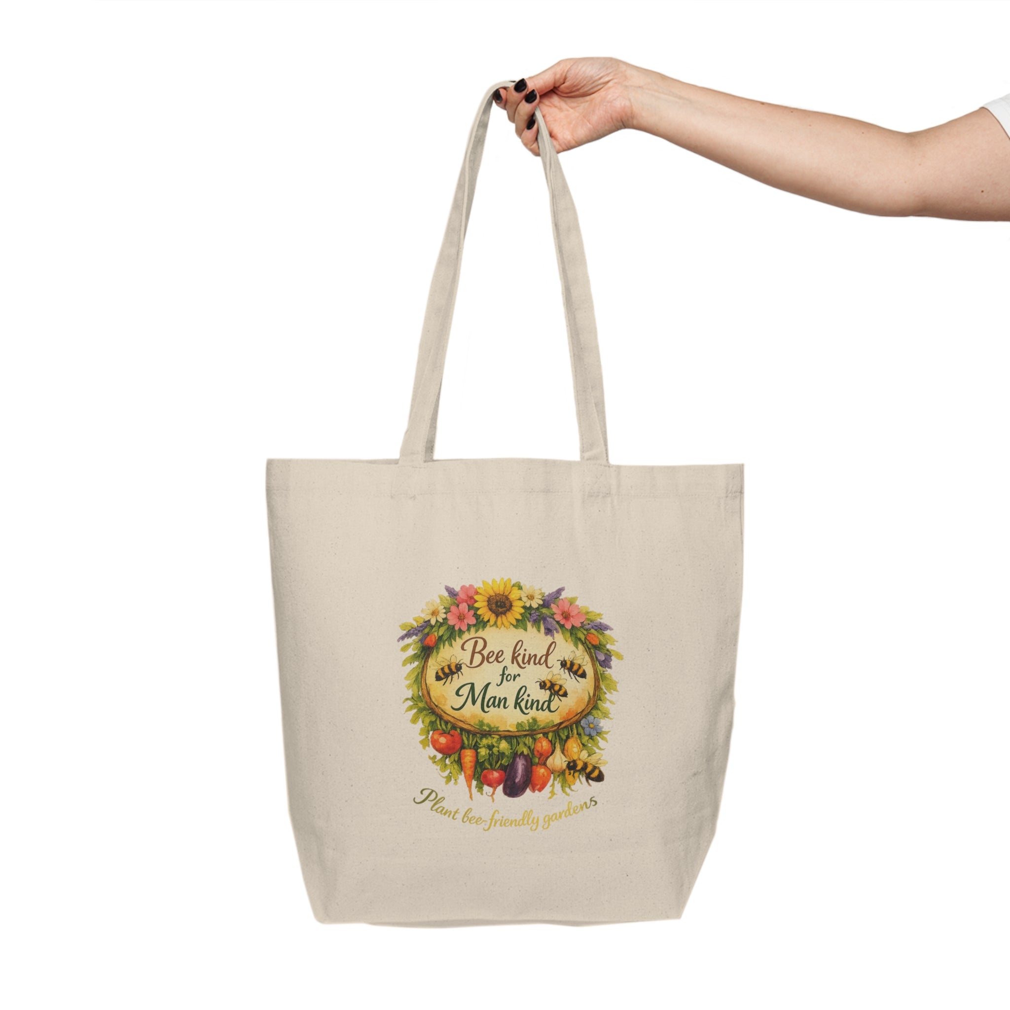 Canvas Tote — "Bee Kind to Mankind" Floral Garden Grocery Bag