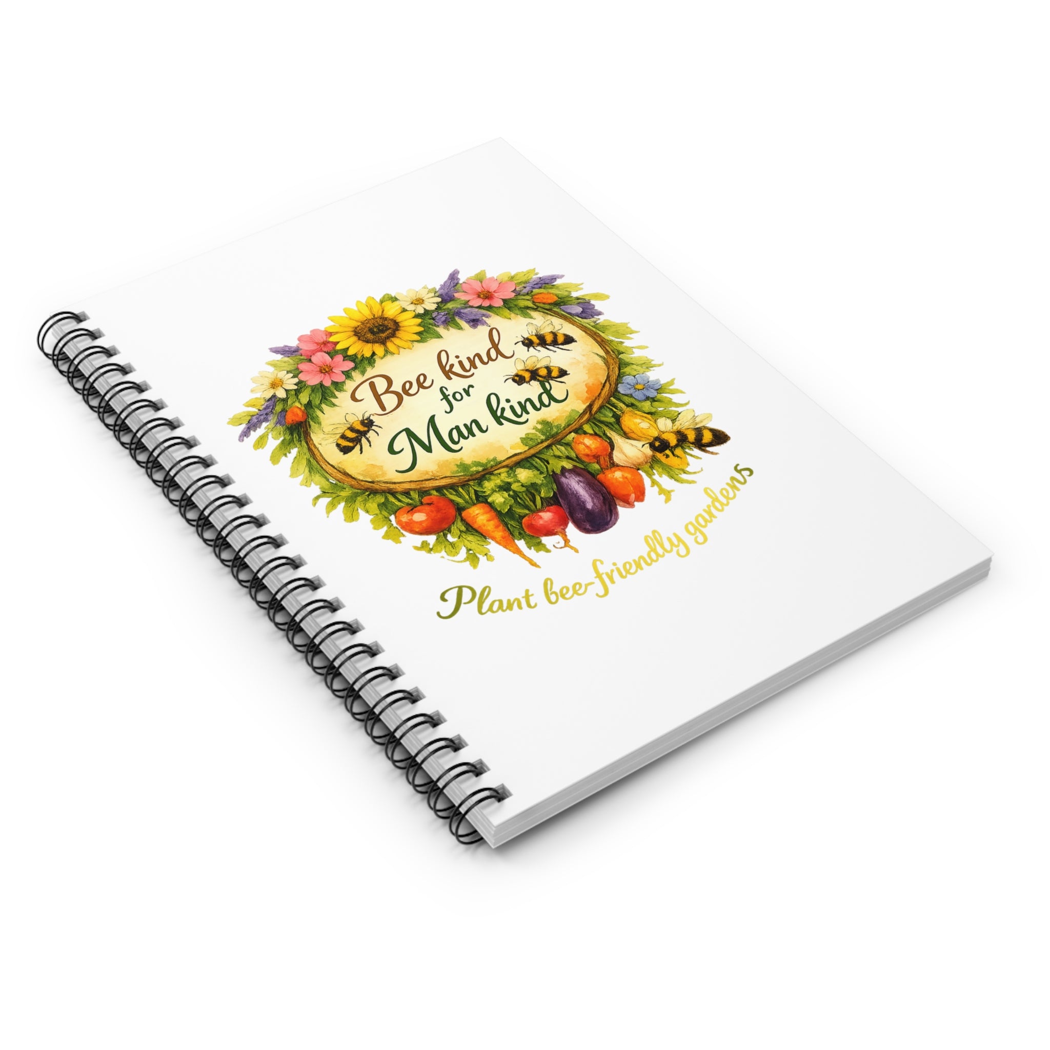 Notebook — "Bee Kind for Mankind" Floral Bee-Friendly Garden Ruled Spiral Notebook