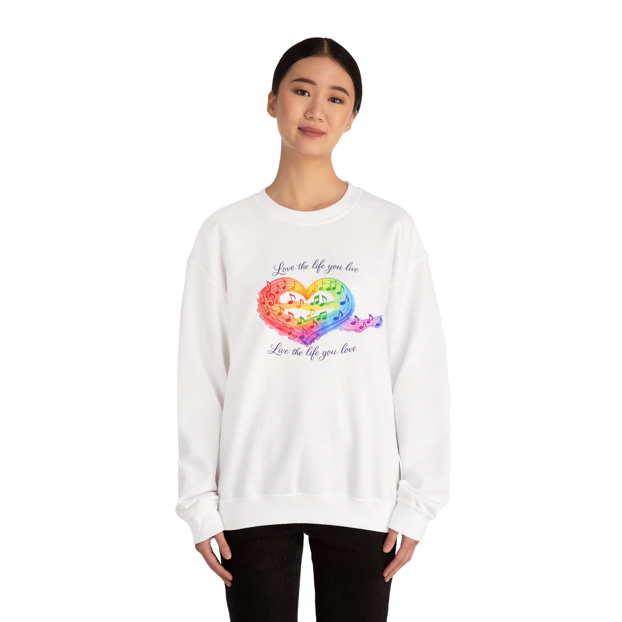 Crewneck Sweatshirt — Rainbow Heart “Love the Life You Live” Cozy Pullover
