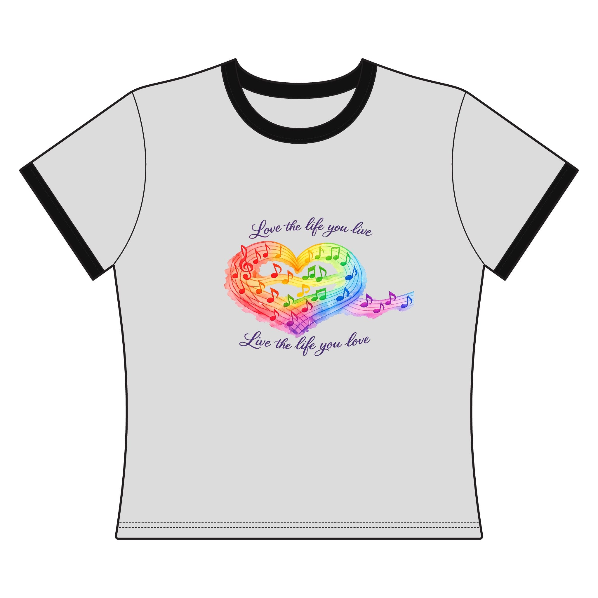 Rainbow Music Heart Women's Ringer Tee – "Live the life you love"