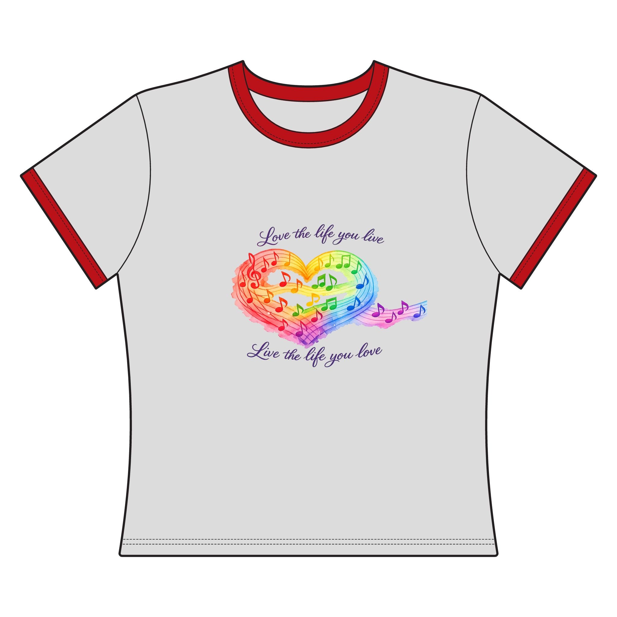 Rainbow Music Heart Women's Ringer Tee – "Live the life you love"