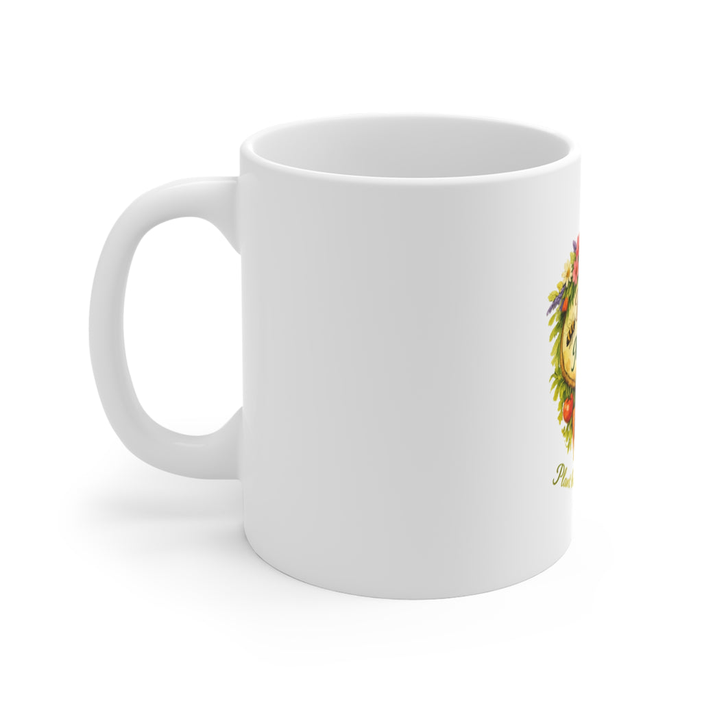 Bee Kind for Mankind 11oz Coffee Mug — Floral, Veggie Garden & Bee-Friendly Message