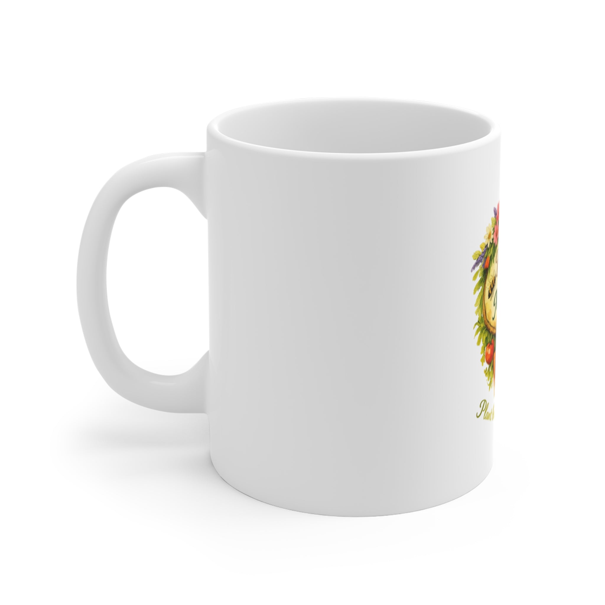 Bee Kind for Mankind 11oz Coffee Mug — Floral, Veggie Garden & Bee-Friendly Message