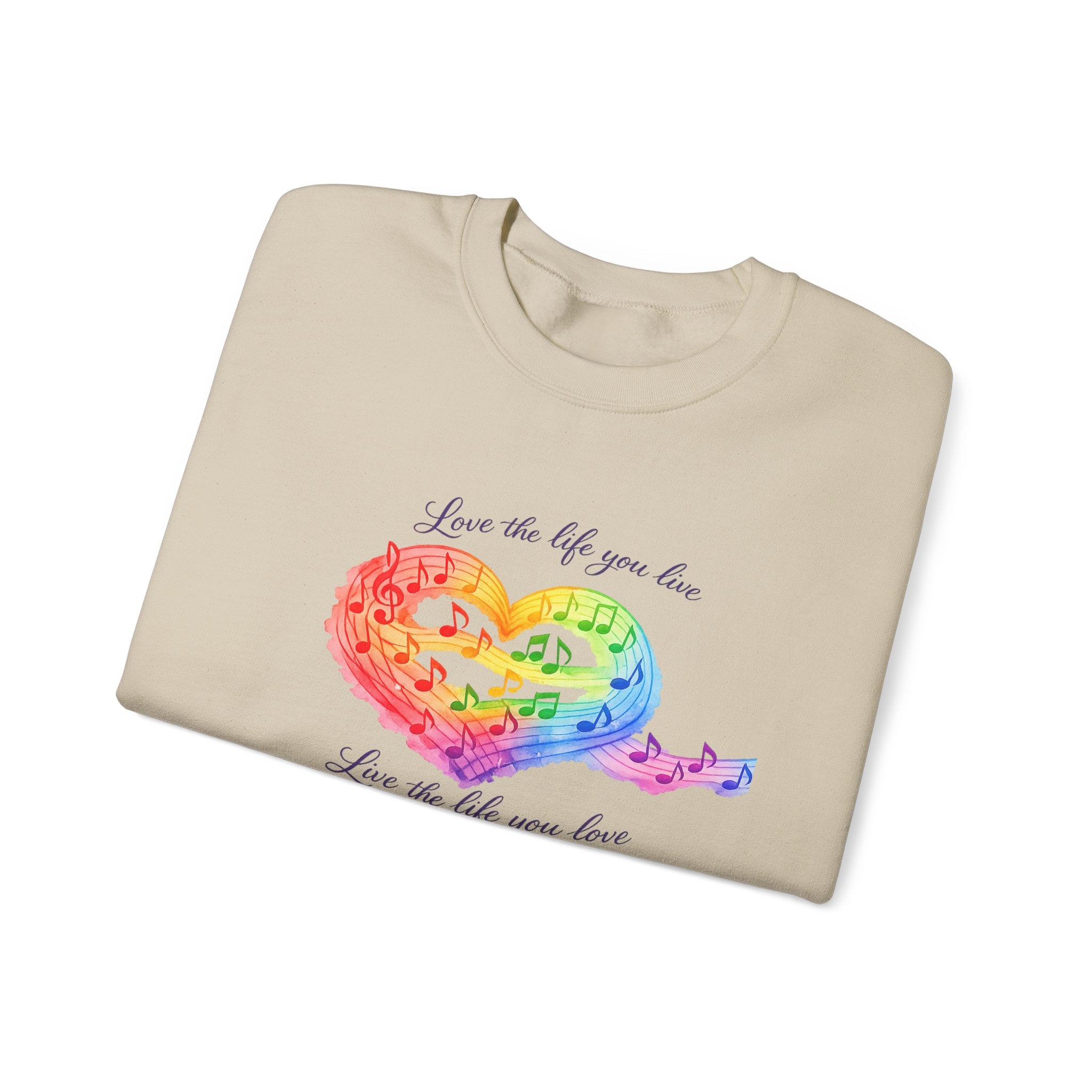 Crewneck Sweatshirt — Rainbow Heart “Love the Life You Live” Cozy Pullover
