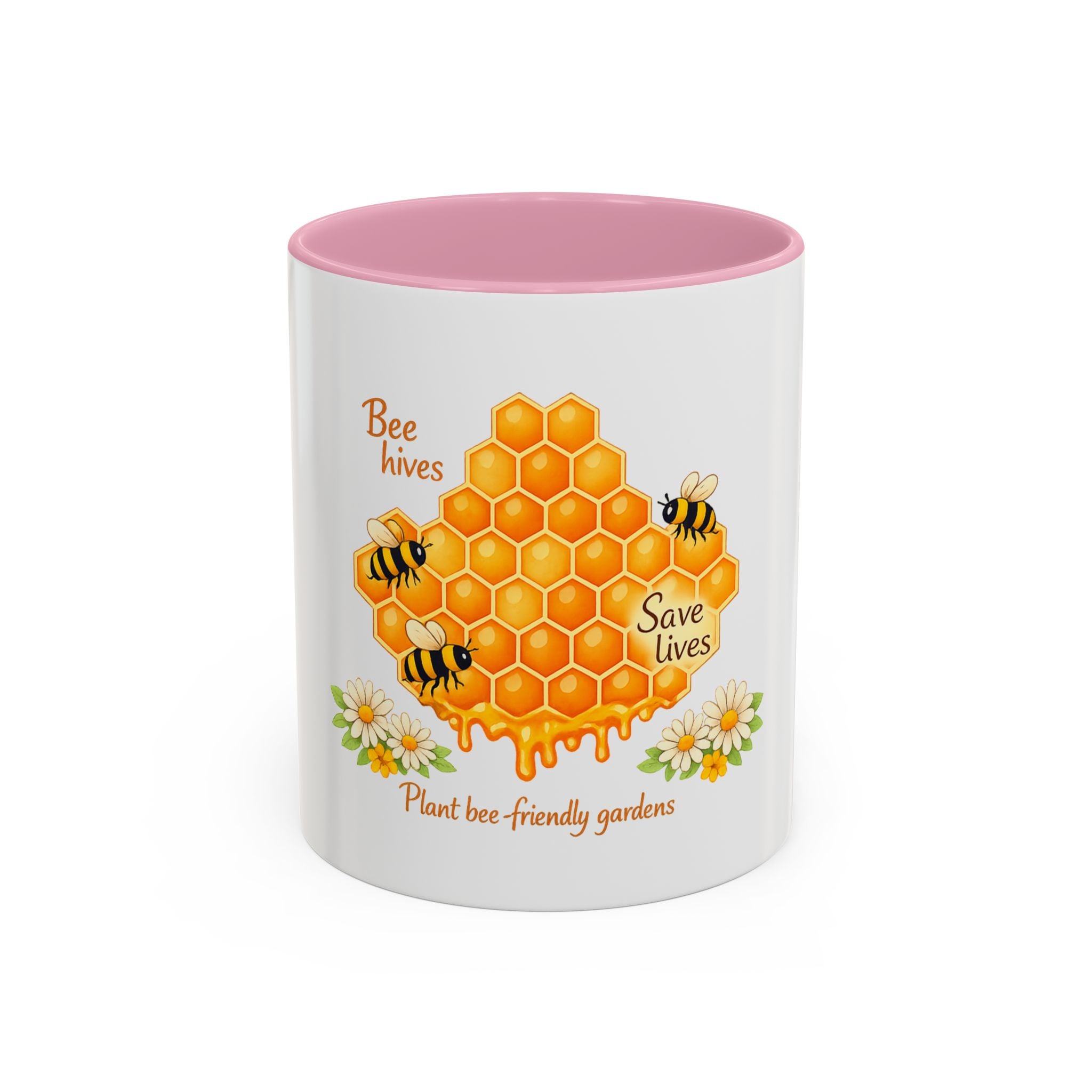 Bee-Friendly Honeycomb Mug — “Bee hives Save Lives” 11oz/15oz