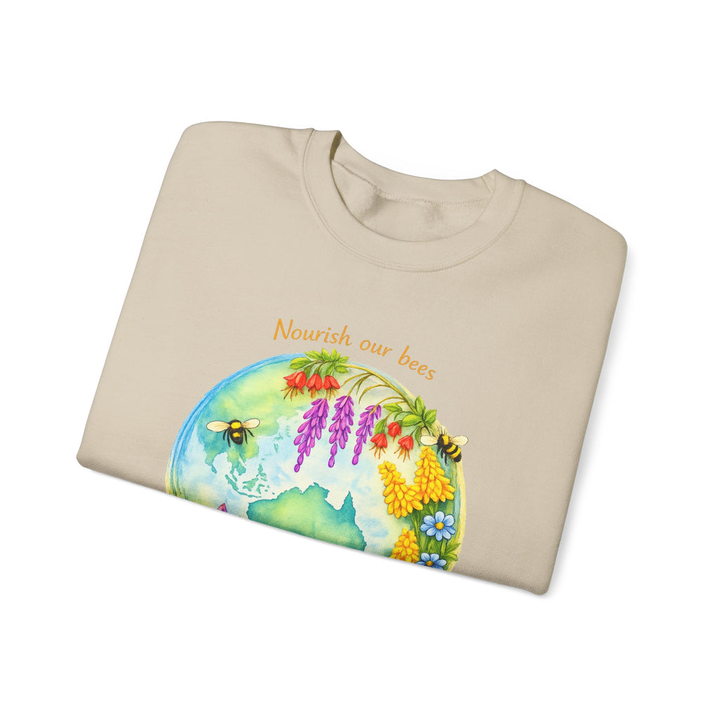 Crewneck Sweatshirt – "Nourish Our Bees, Feed Our People" Floral Australia Bee Conservation Design