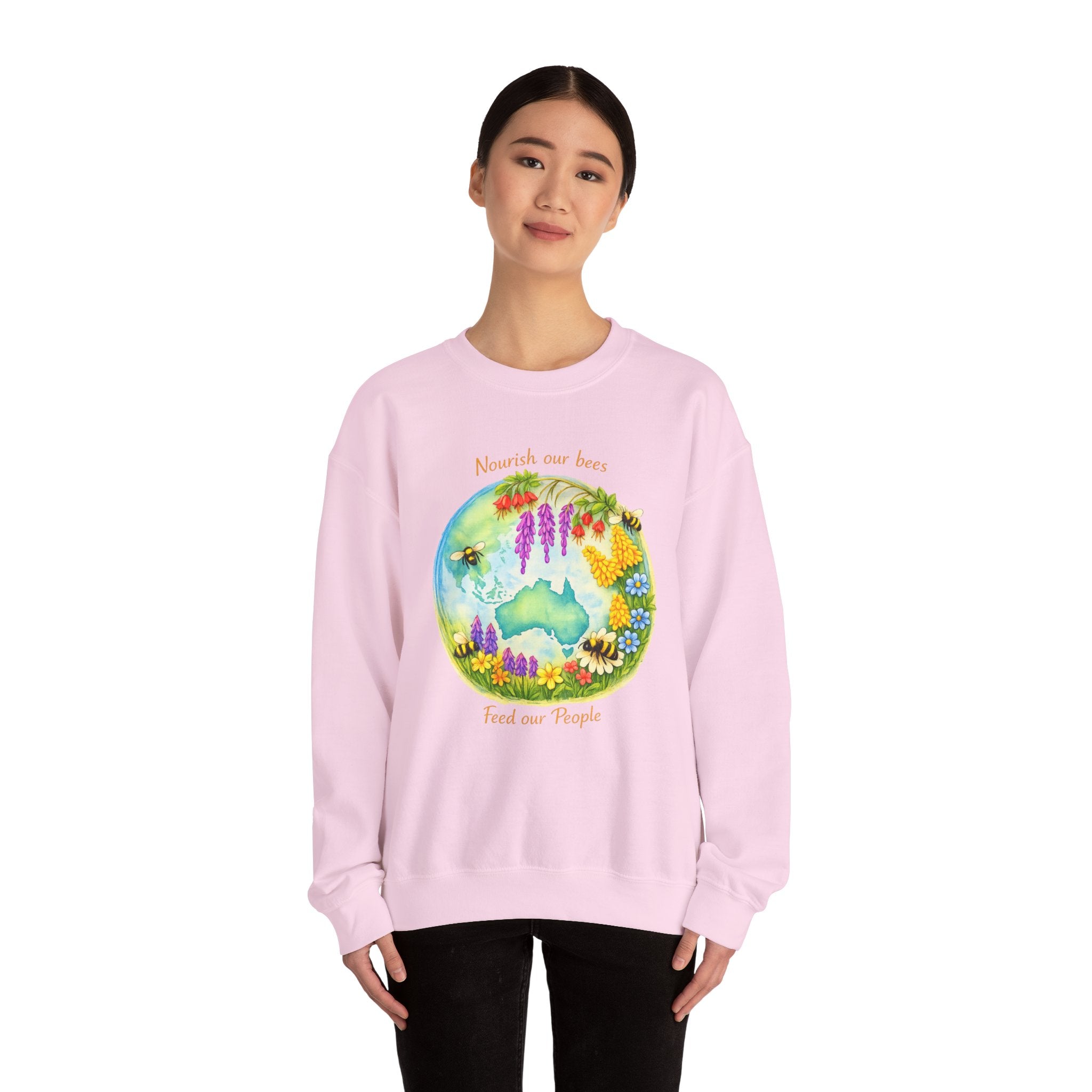 Crewneck Sweatshirt – "Nourish Our Bees, Feed Our People" Floral Australia Bee Conservation Design