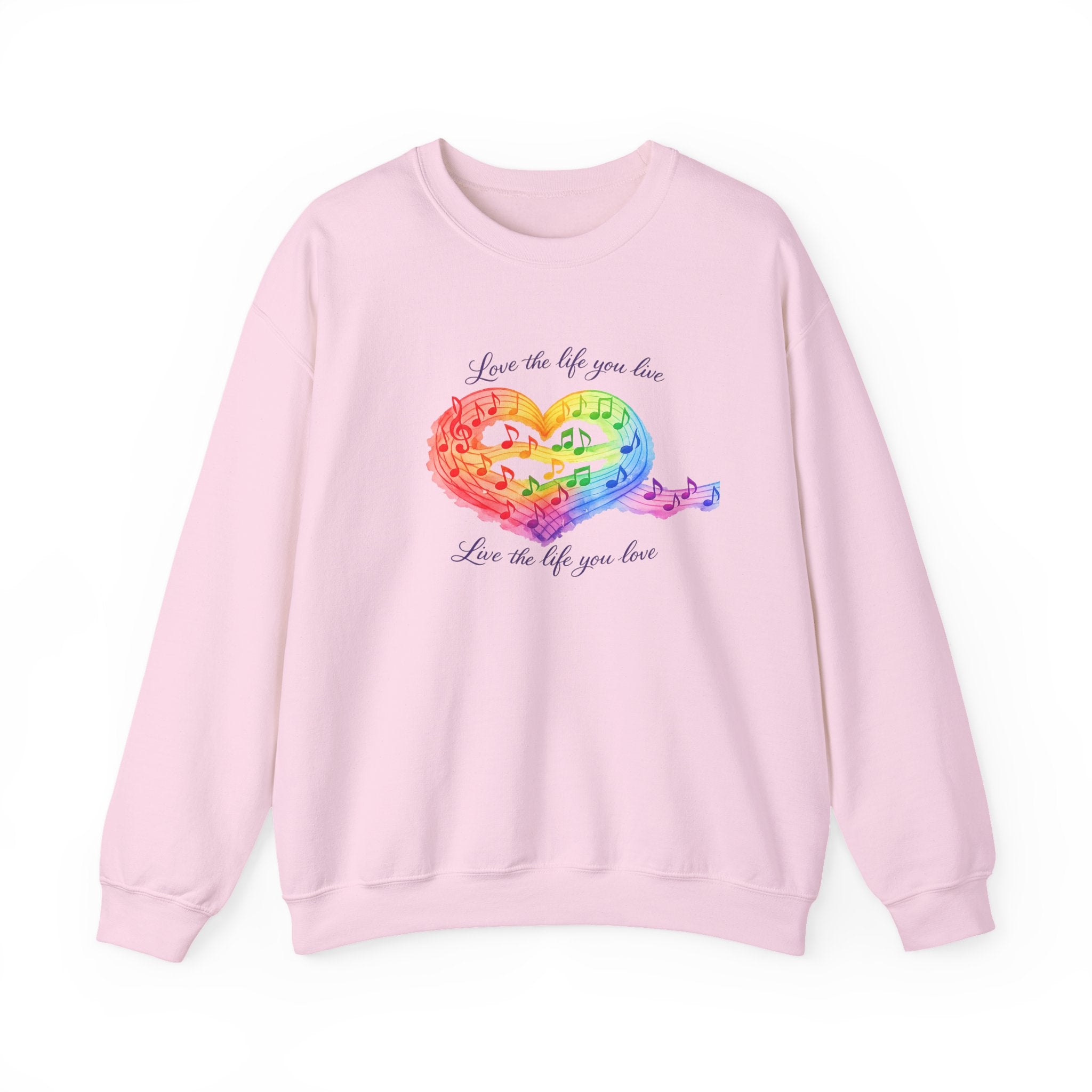 Crewneck Sweatshirt — Rainbow Heart “Love the Life You Live” Cozy Pullover
