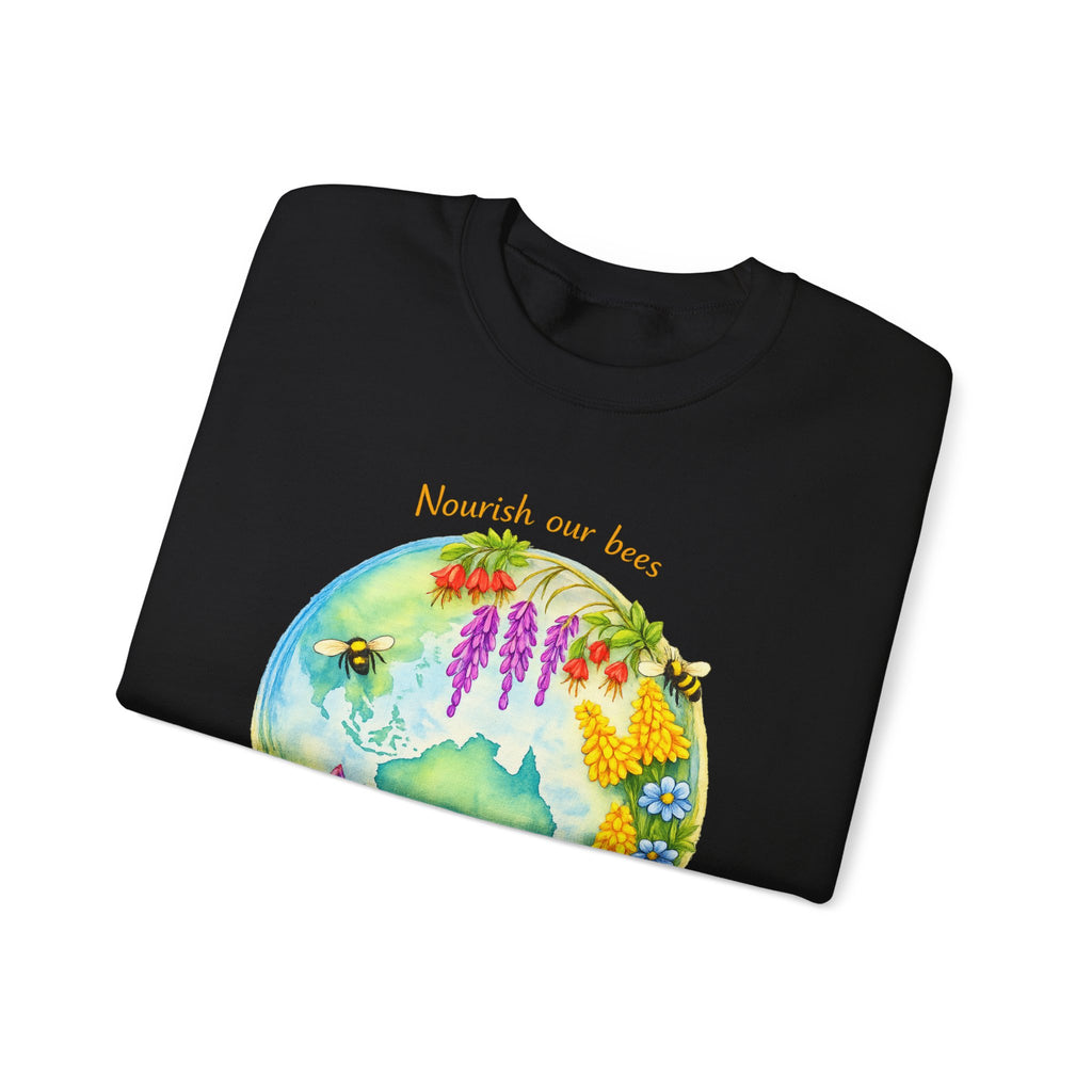 Crewneck Sweatshirt – "Nourish Our Bees, Feed Our People" Floral Australia Bee Conservation Design
