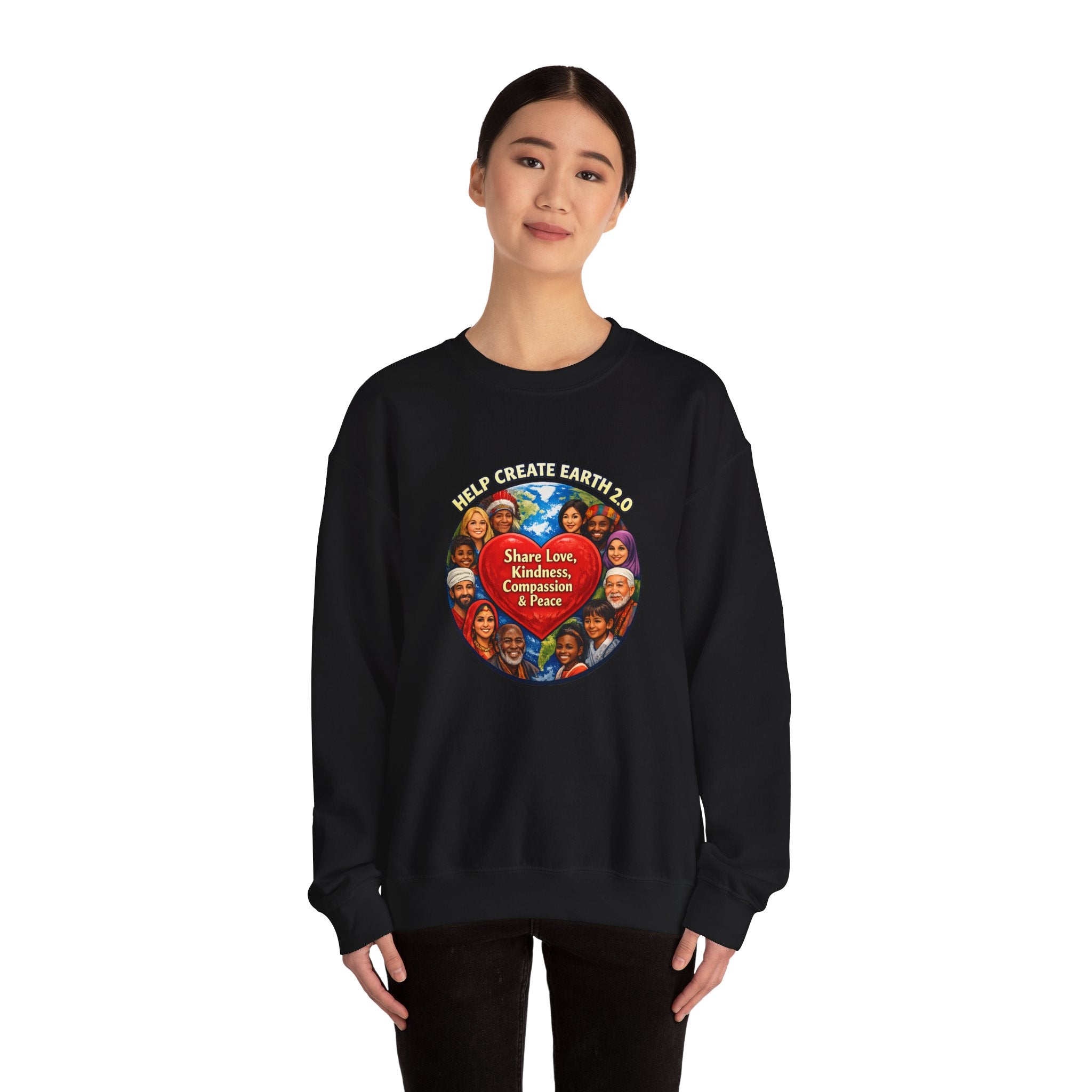 Crewneck Sweatshirt – "Share Love, Kindness, Compassion & Peace" Multicultural Heart Design