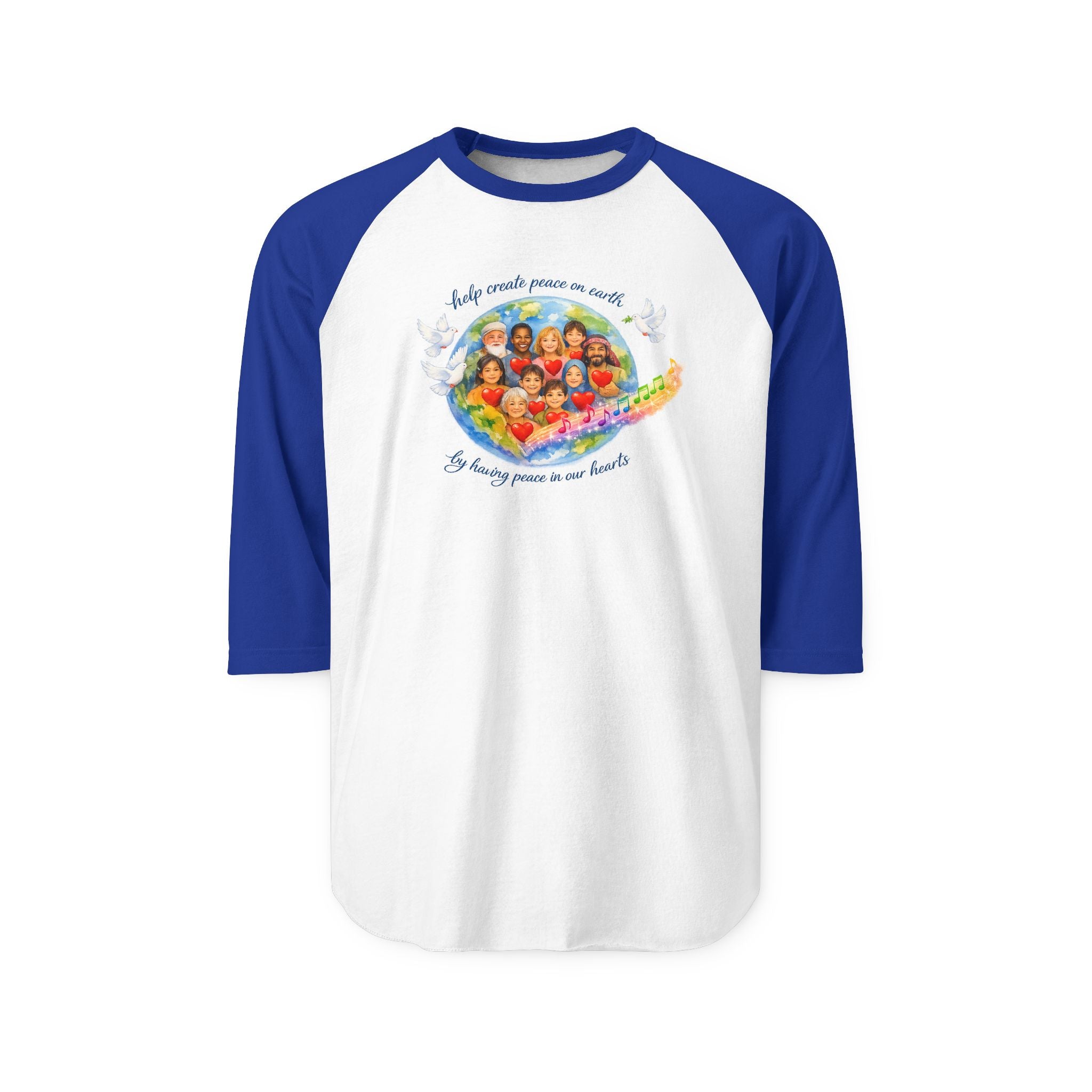 Raglan Shirt — "Help create peace on earth" Dove & Children Graphic Baseball Tee