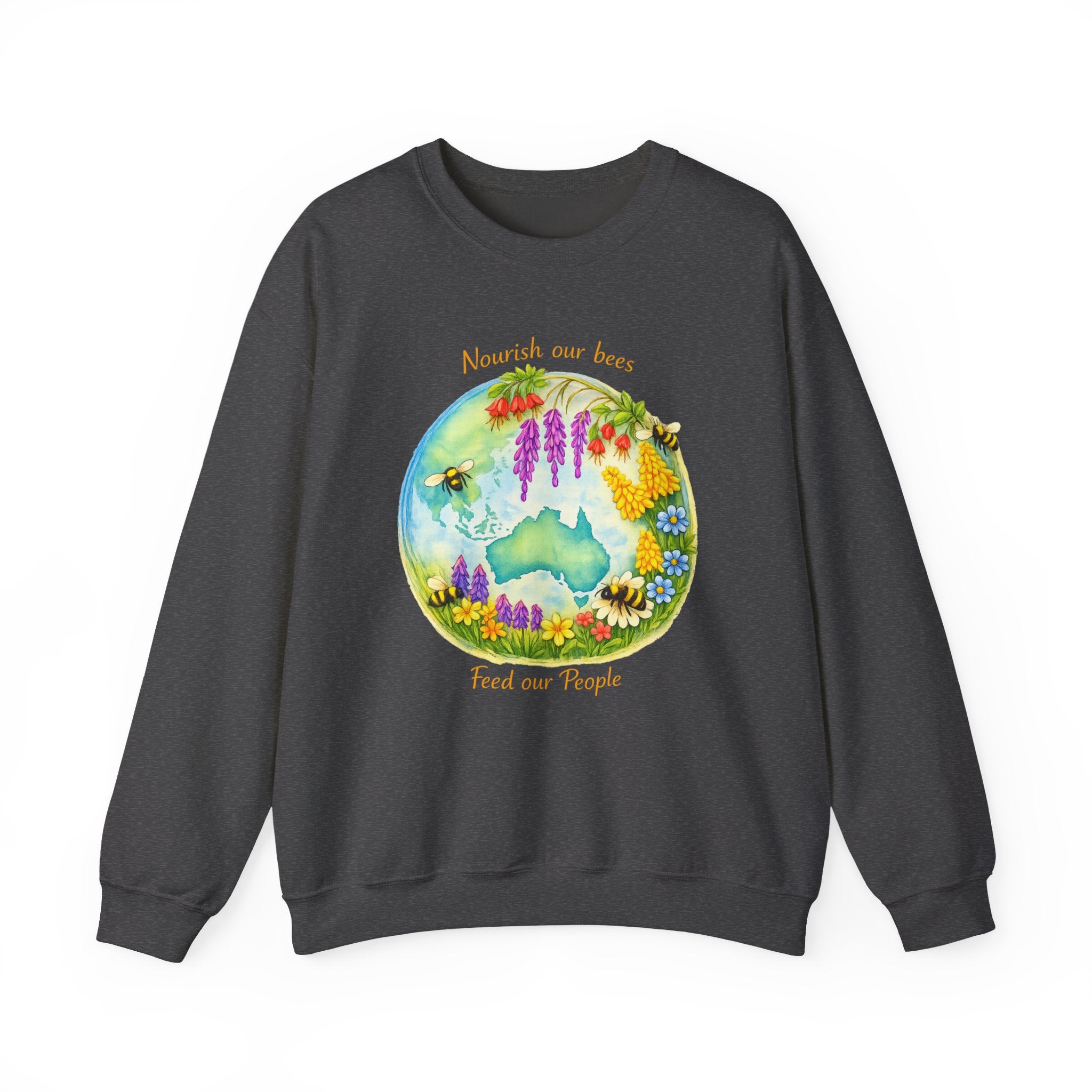 Crewneck Sweatshirt – "Nourish Our Bees, Feed Our People" Floral Australia Bee Conservation Design
