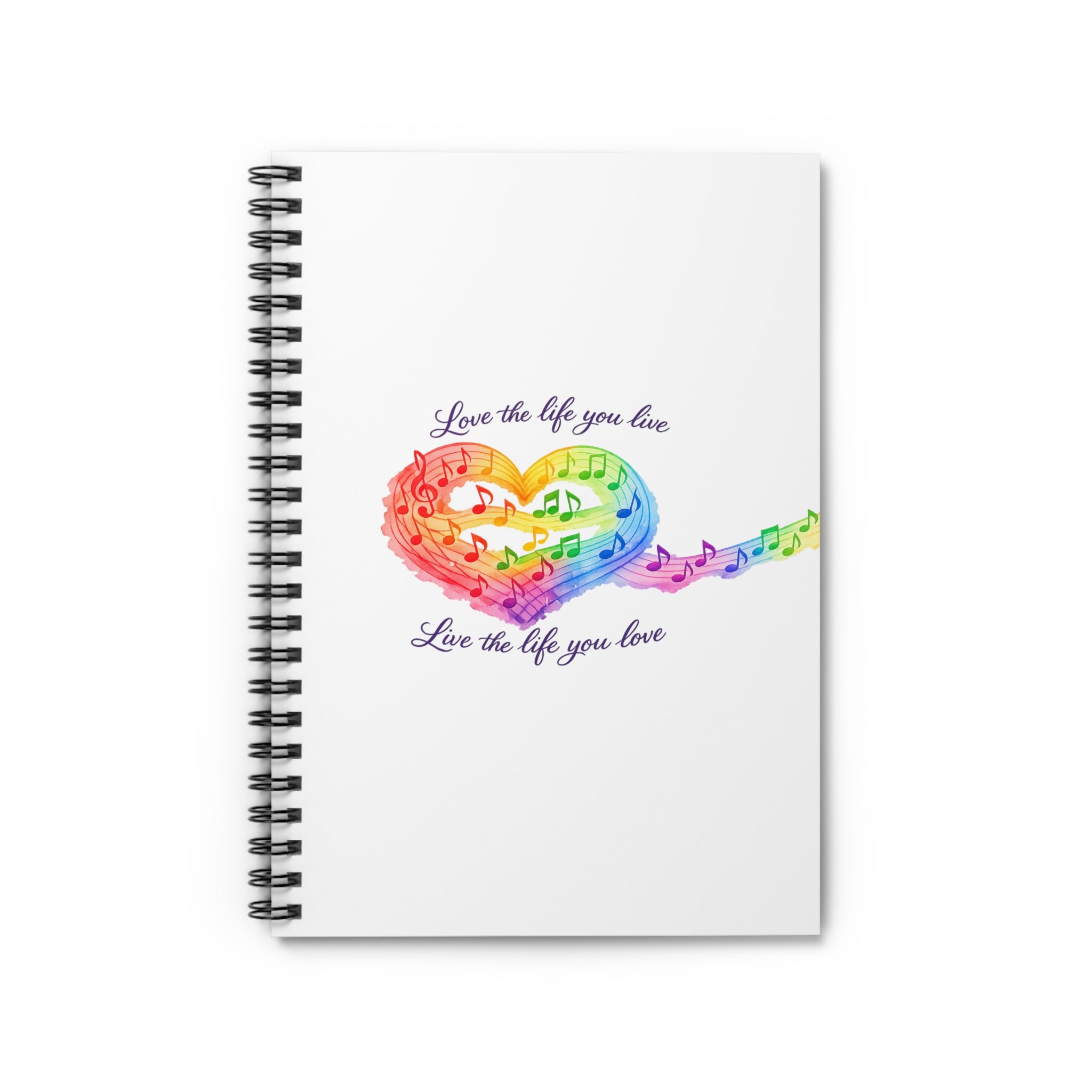 Rainbow Music Heart Spiral Notebook — "Love the life you live" Ruled Journal