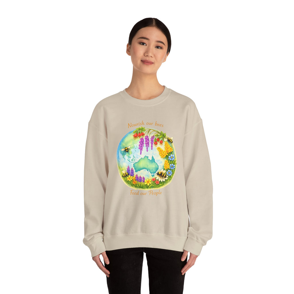 Crewneck Sweatshirt – "Nourish Our Bees, Feed Our People" Floral Australia Bee Conservation Design