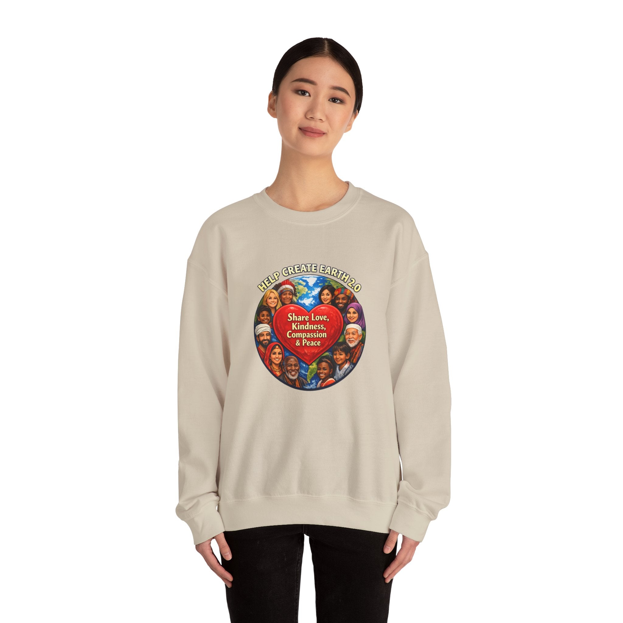 Crewneck Sweatshirt – "Share Love, Kindness, Compassion & Peace" Multicultural Heart Design