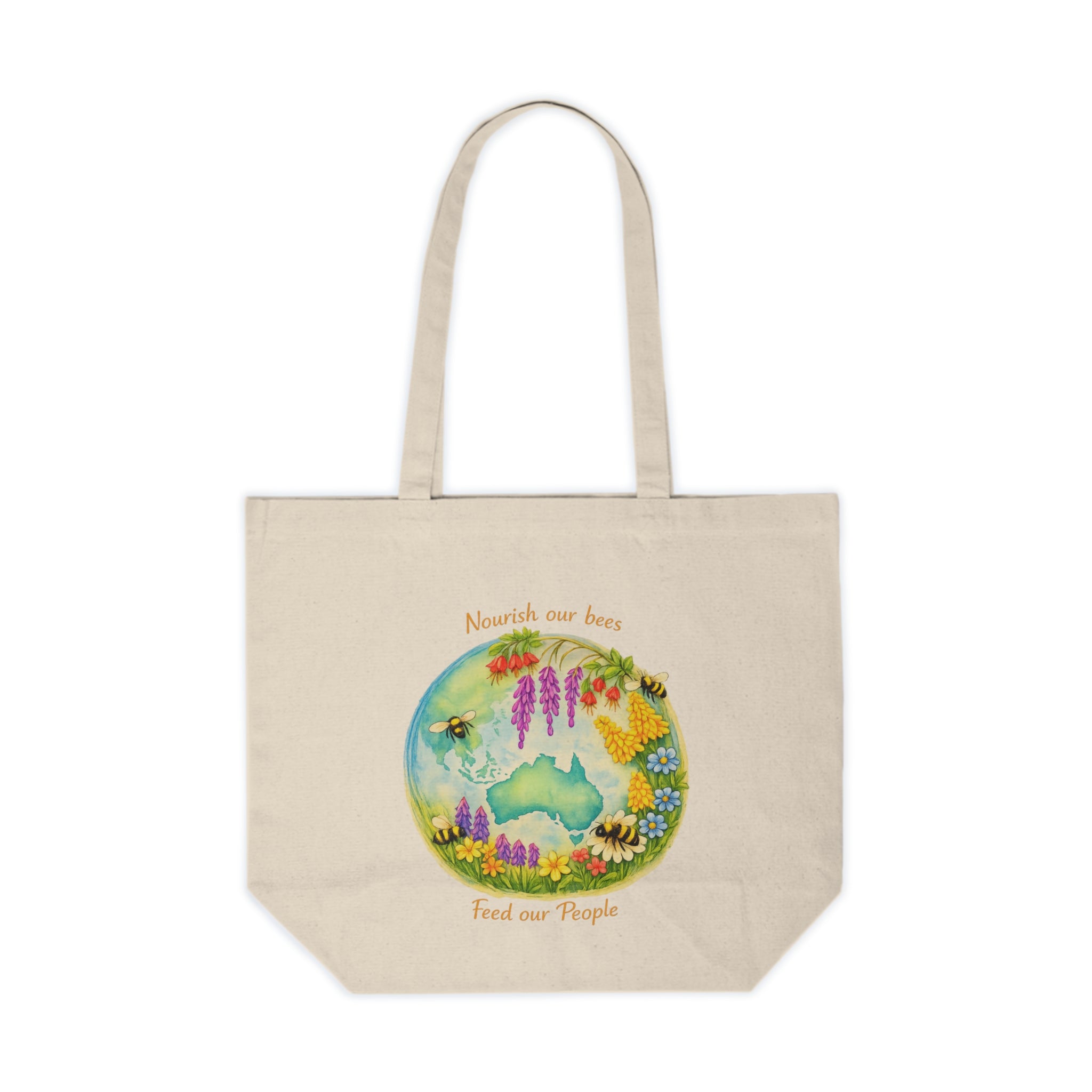 Canvas Tote — "Nourish Our Bees, Feed Our People" Floral Australia Market Bag