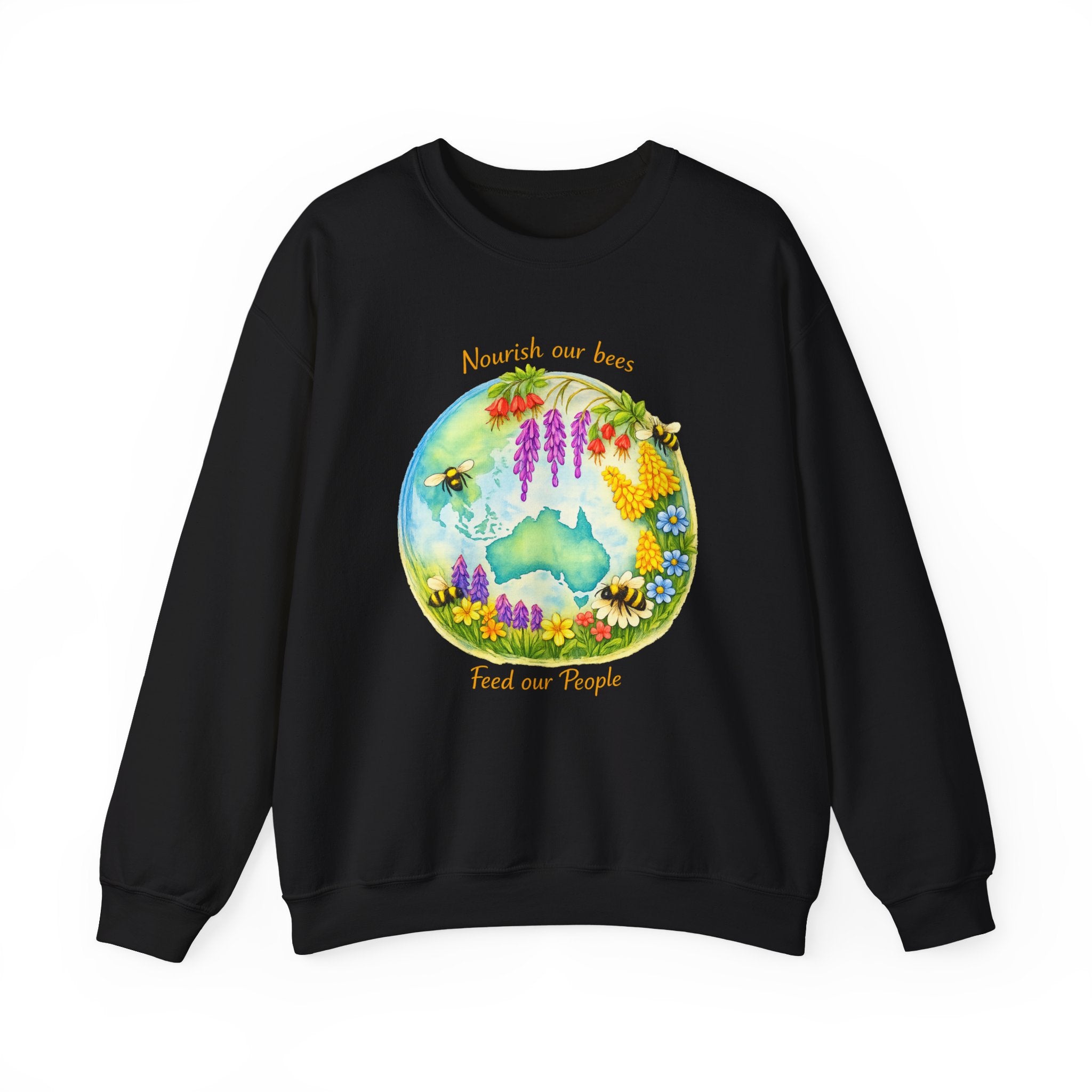 Crewneck Sweatshirt – "Nourish Our Bees, Feed Our People" Floral Australia Bee Conservation Design