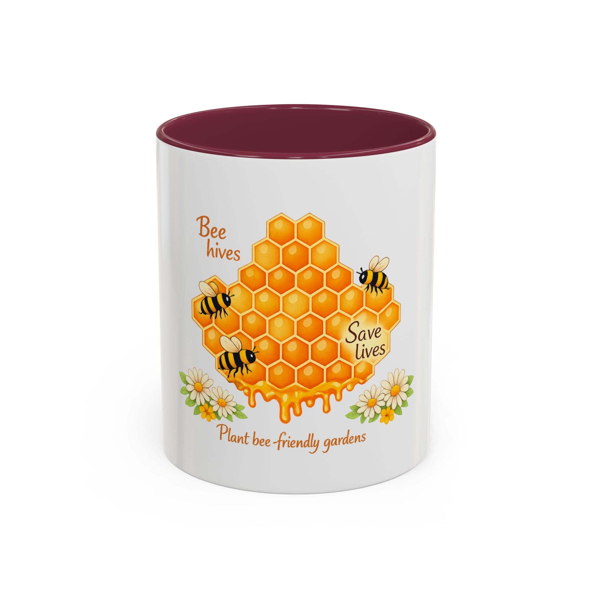 Bee-Friendly Honeycomb Mug — “Bee hives Save Lives” 11oz/15oz