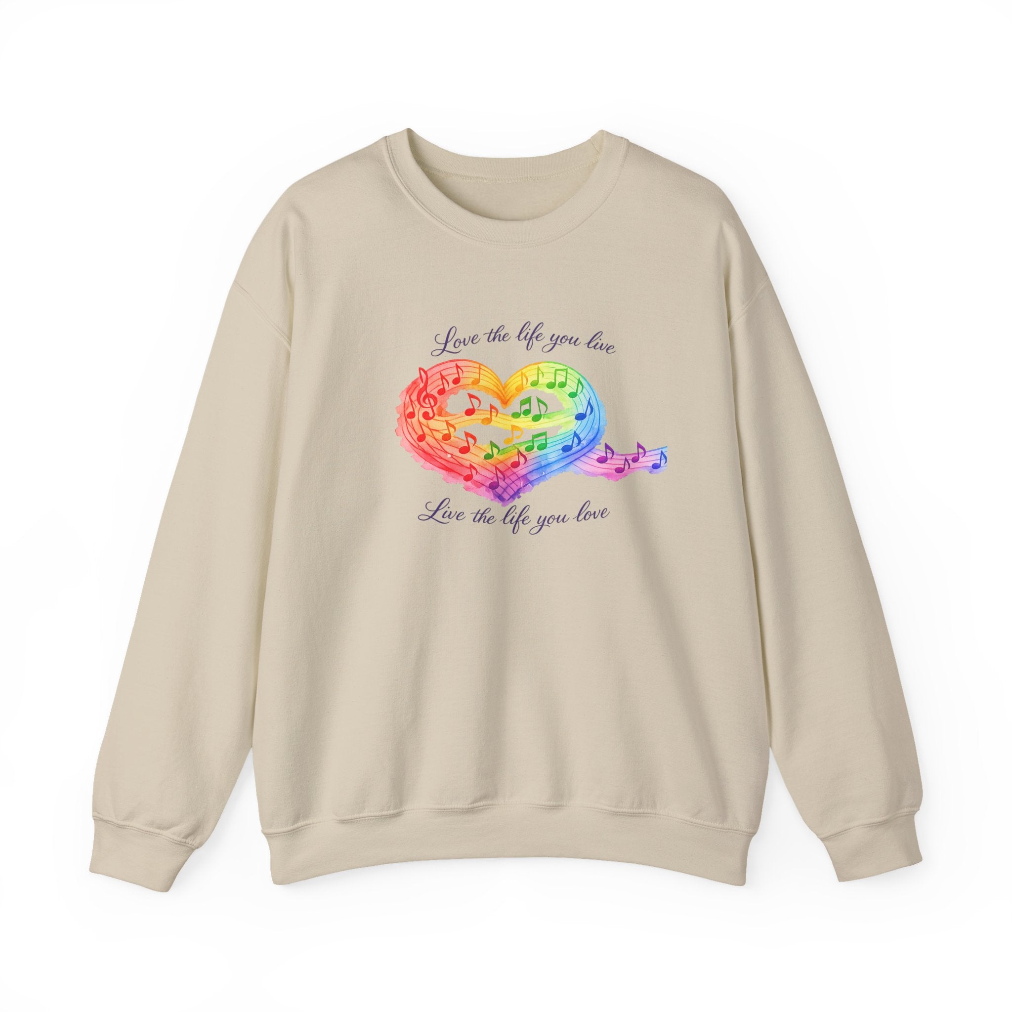 Crewneck Sweatshirt — Rainbow Heart “Love the Life You Live” Cozy Pullover