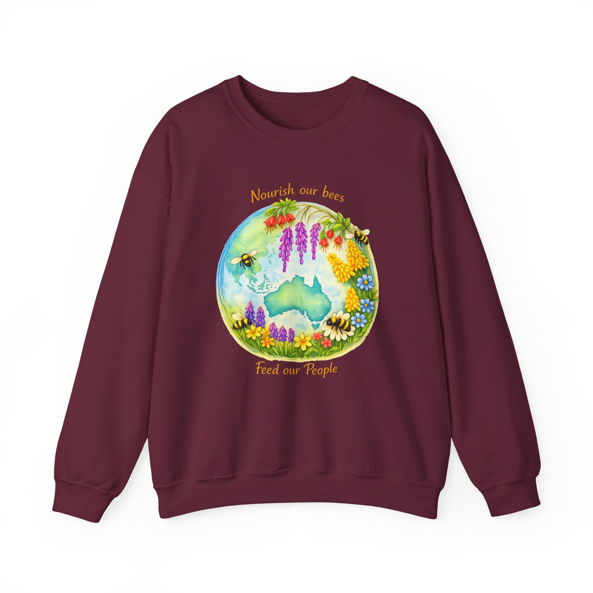 Crewneck Sweatshirt – "Nourish Our Bees, Feed Our People" Floral Australia Bee Conservation Design