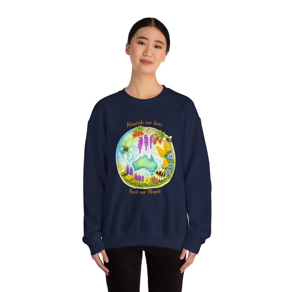 Crewneck Sweatshirt – "Nourish Our Bees, Feed Our People" Floral Australia Bee Conservation Design