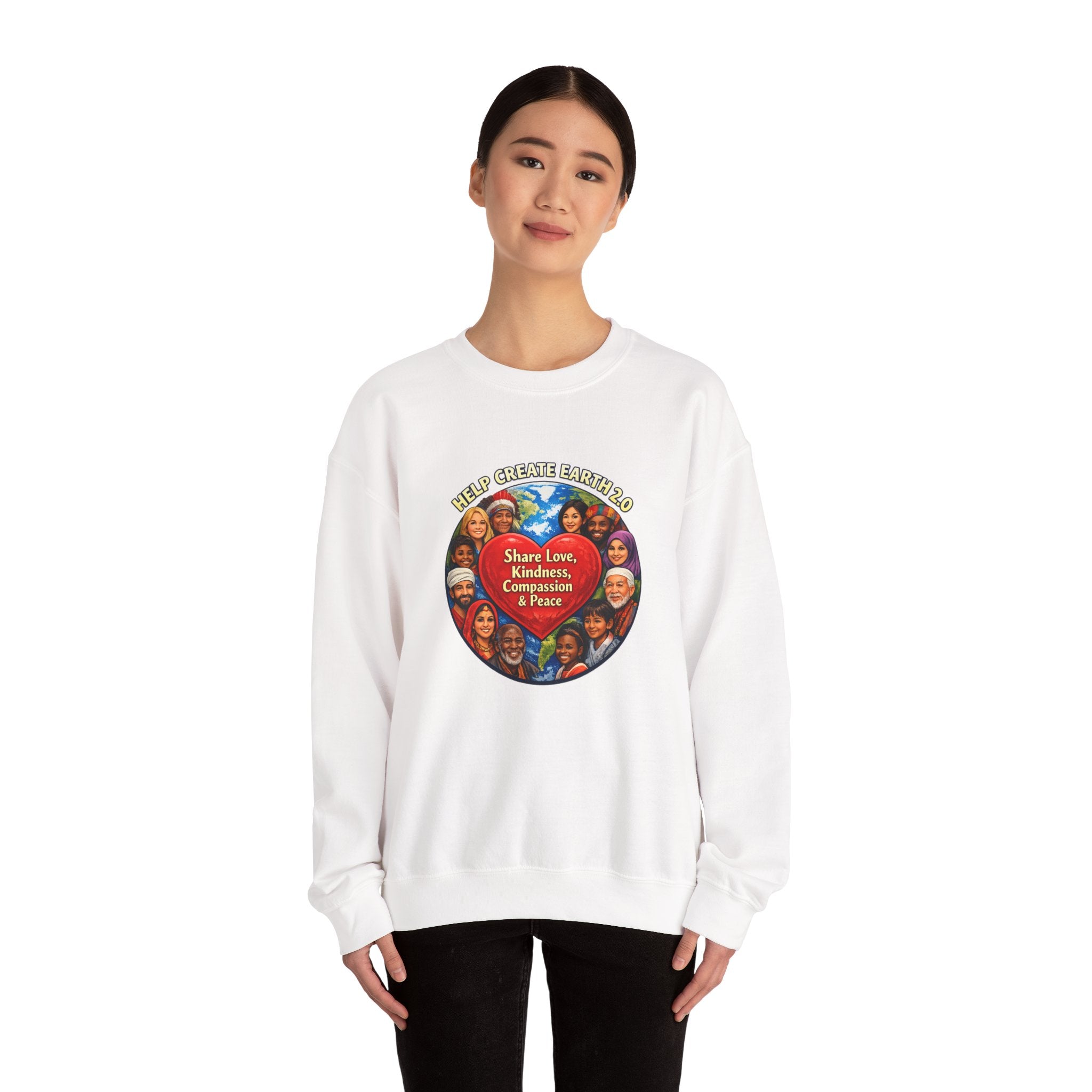 Crewneck Sweatshirt – "Share Love, Kindness, Compassion & Peace" Multicultural Heart Design