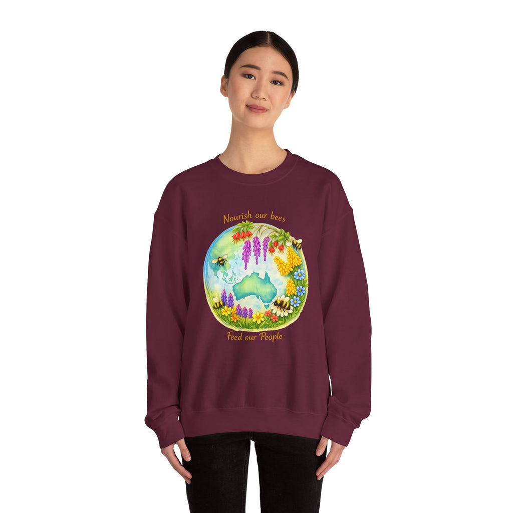 Crewneck Sweatshirt – "Nourish Our Bees, Feed Our People" Floral Australia Bee Conservation Design