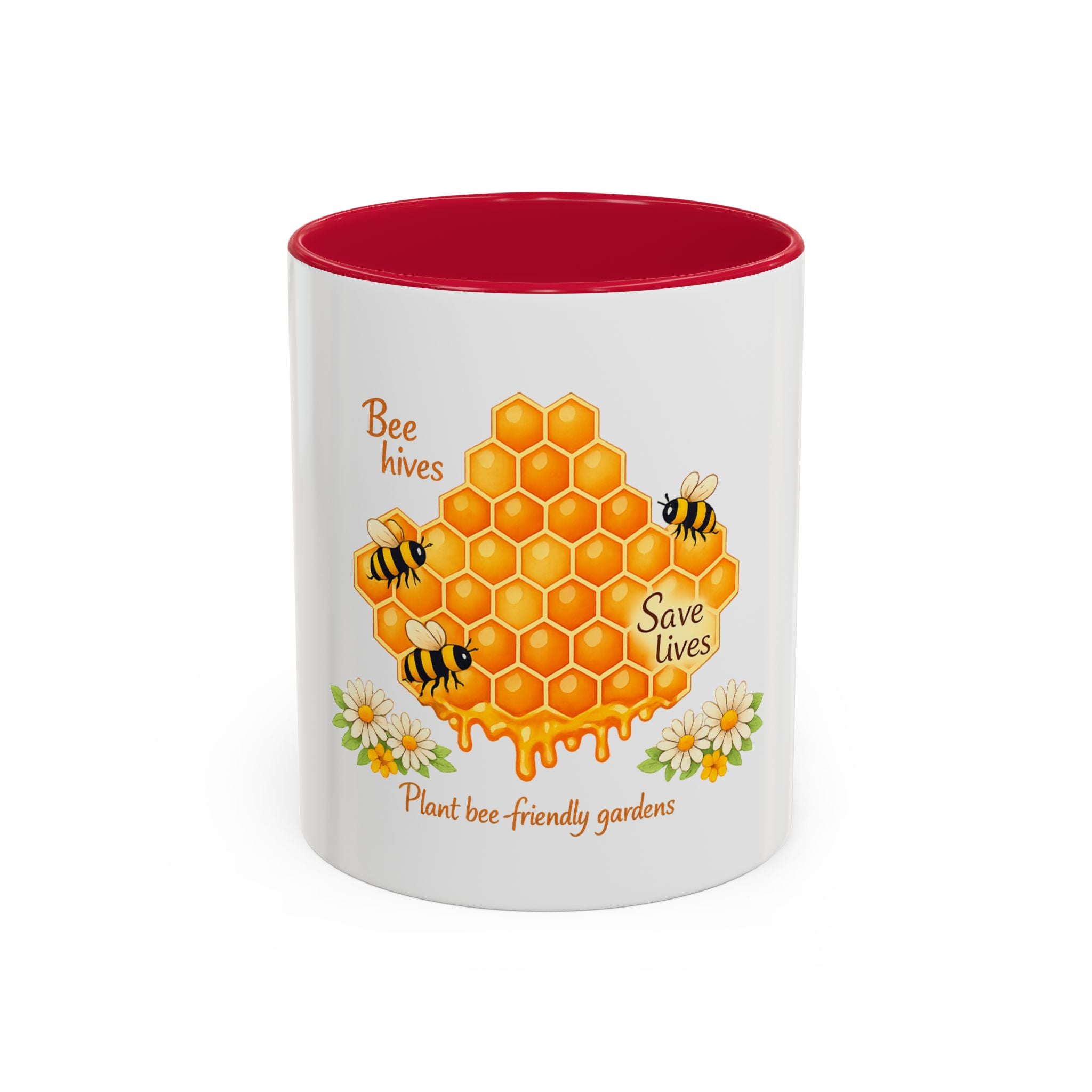 Bee-Friendly Honeycomb Mug — “Bee hives Save Lives” 11oz/15oz