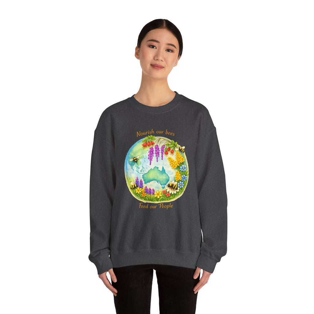 Crewneck Sweatshirt – "Nourish Our Bees, Feed Our People" Floral Australia Bee Conservation Design