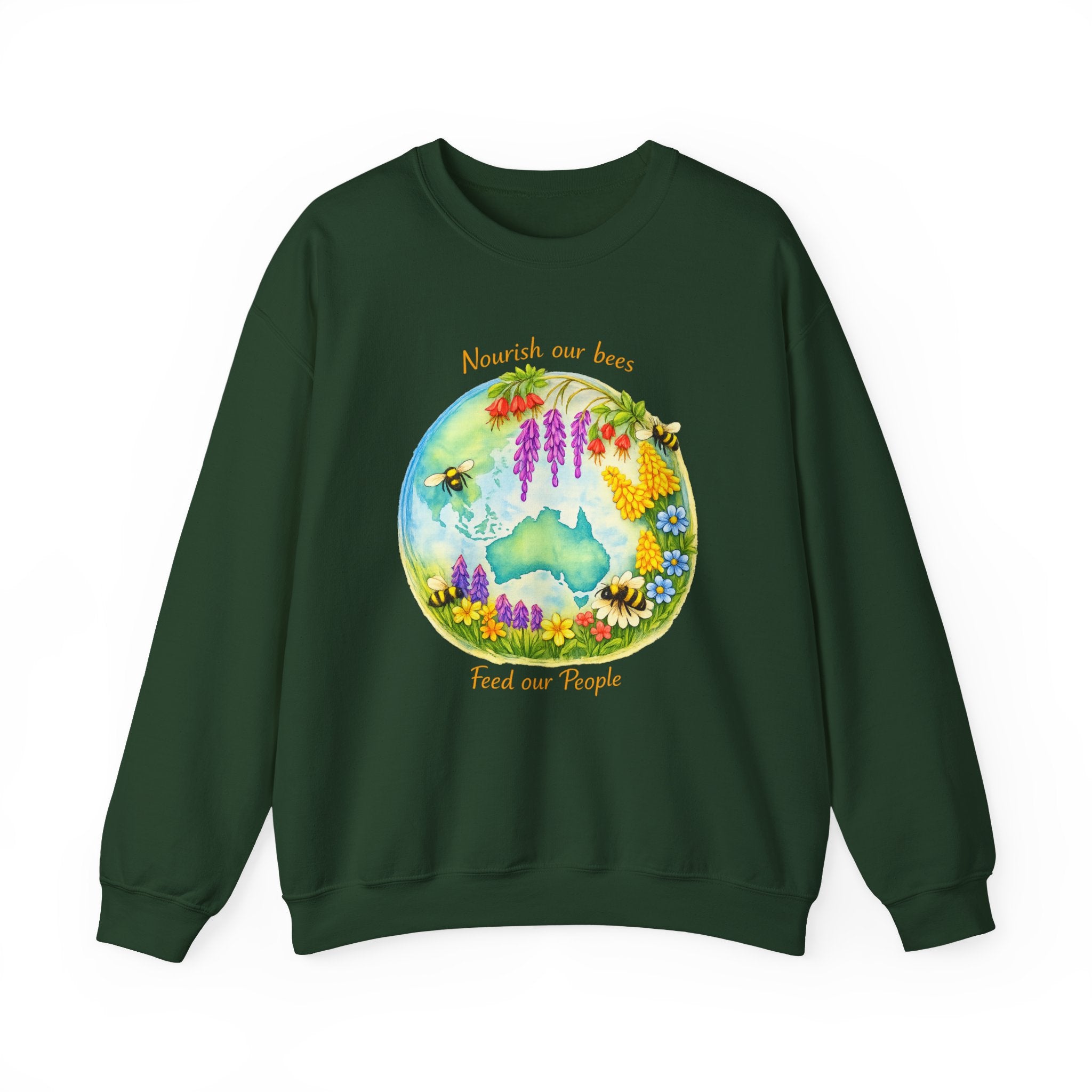 Crewneck Sweatshirt – "Nourish Our Bees, Feed Our People" Floral Australia Bee Conservation Design