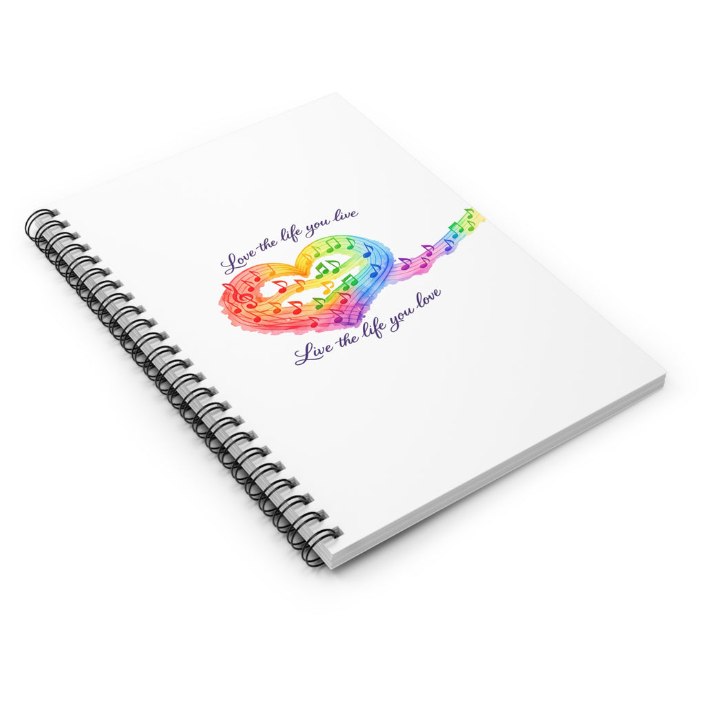 Rainbow Music Heart Spiral Notebook — "Love the life you live" Ruled Journal