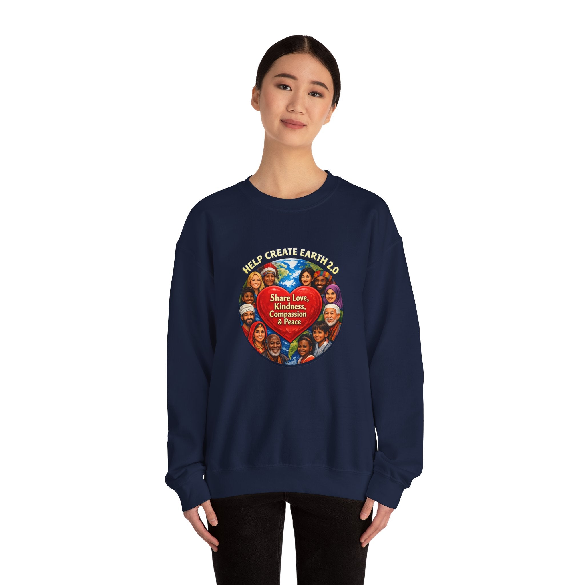 Crewneck Sweatshirt – "Share Love, Kindness, Compassion & Peace" Multicultural Heart Design