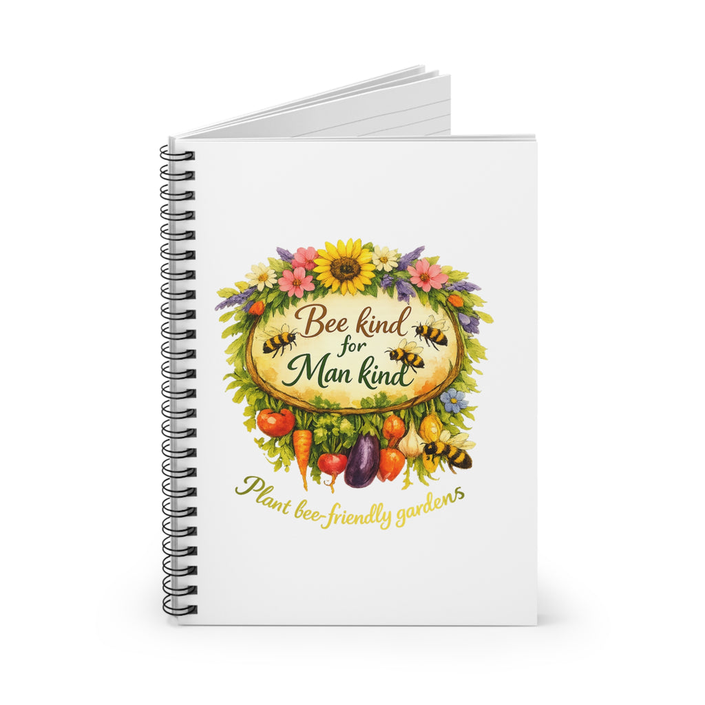 Notebook — "Bee Kind for Mankind" Floral Bee-Friendly Garden Ruled Spiral Notebook