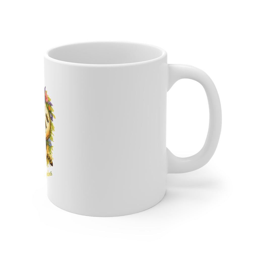 Bee Kind for Mankind 11oz Coffee Mug — Floral, Veggie Garden & Bee-Friendly Message