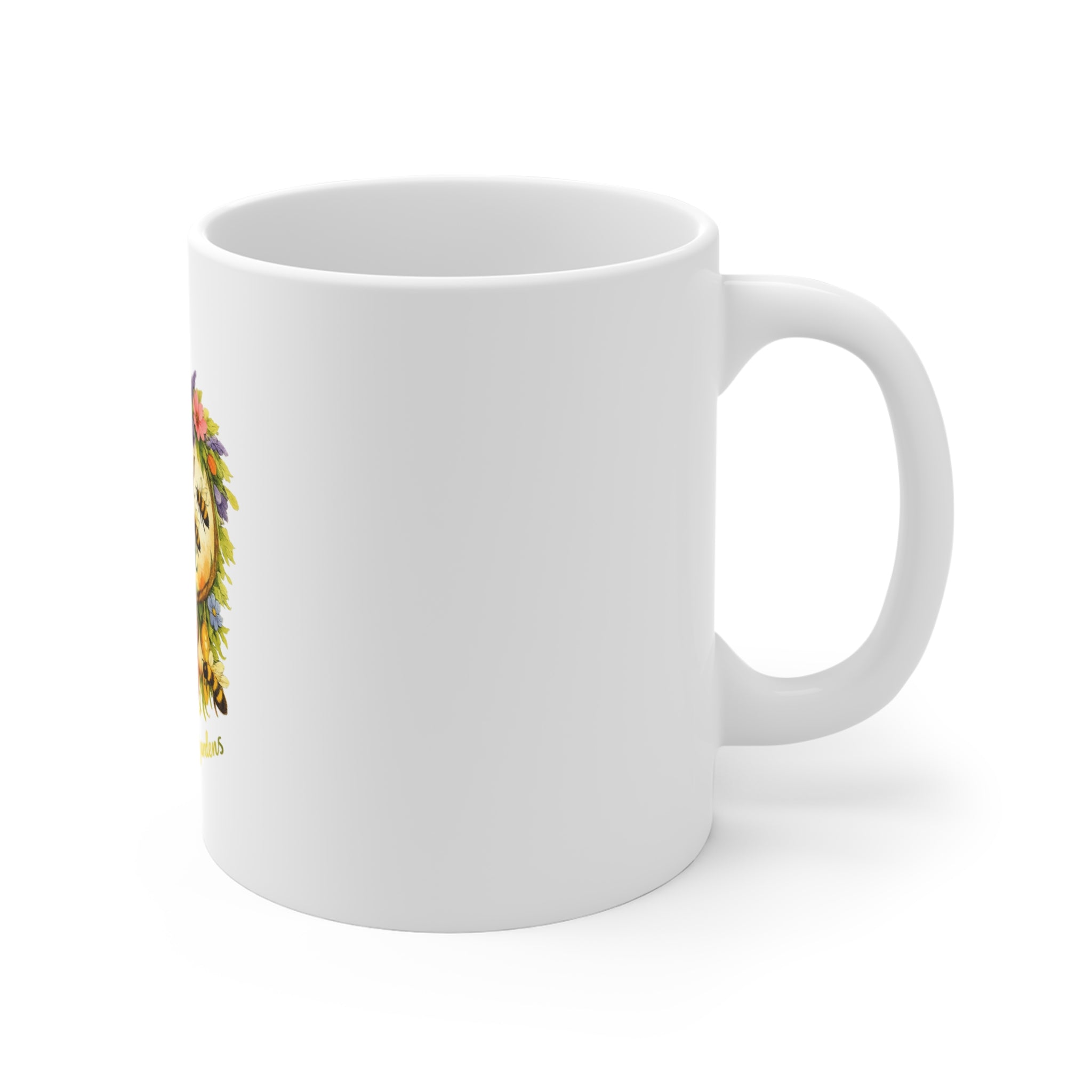 Bee Kind for Mankind 11oz Coffee Mug — Floral, Veggie Garden & Bee-Friendly Message