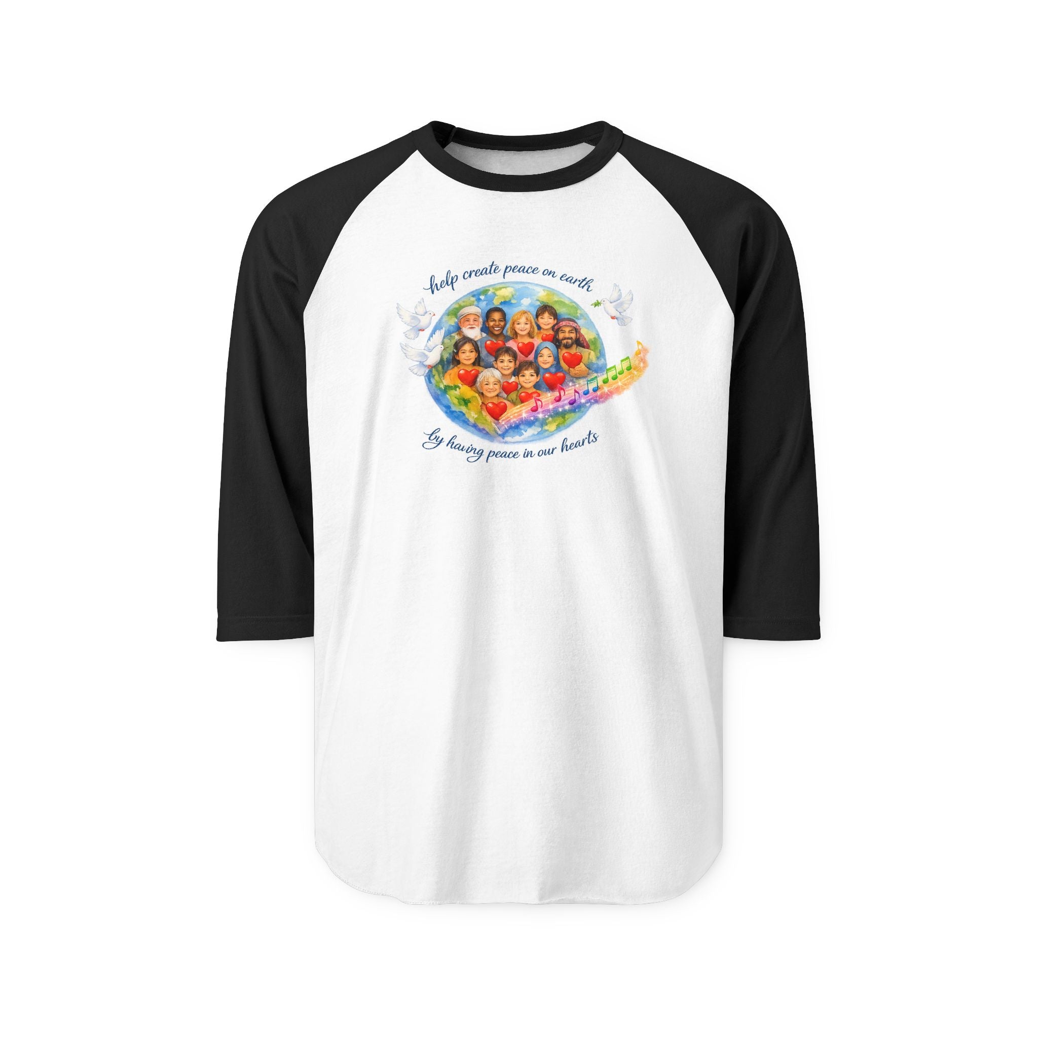 Raglan Shirt — "Help create peace on earth" Dove & Children Graphic Baseball Tee