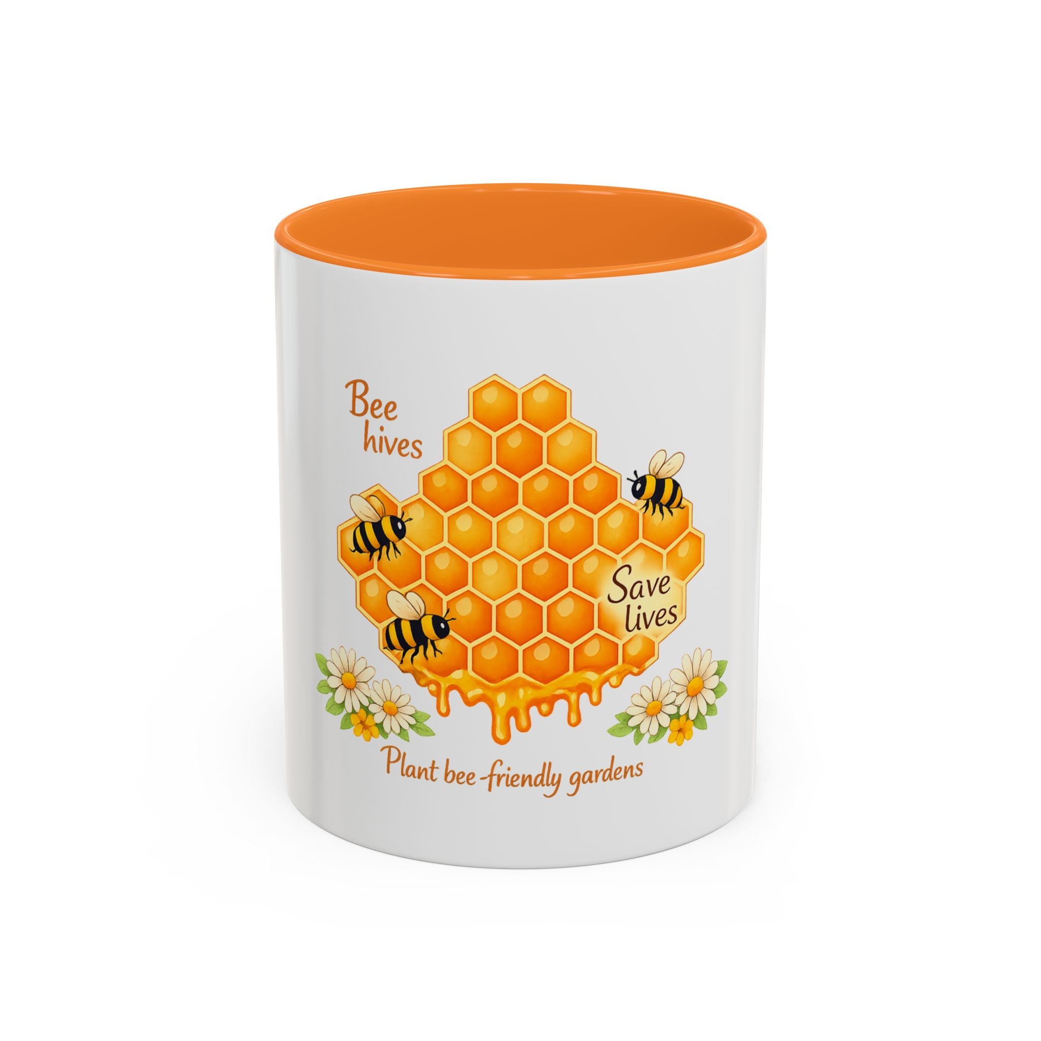 Bee-Friendly Honeycomb Mug — “Bee hives Save Lives” 11oz/15oz