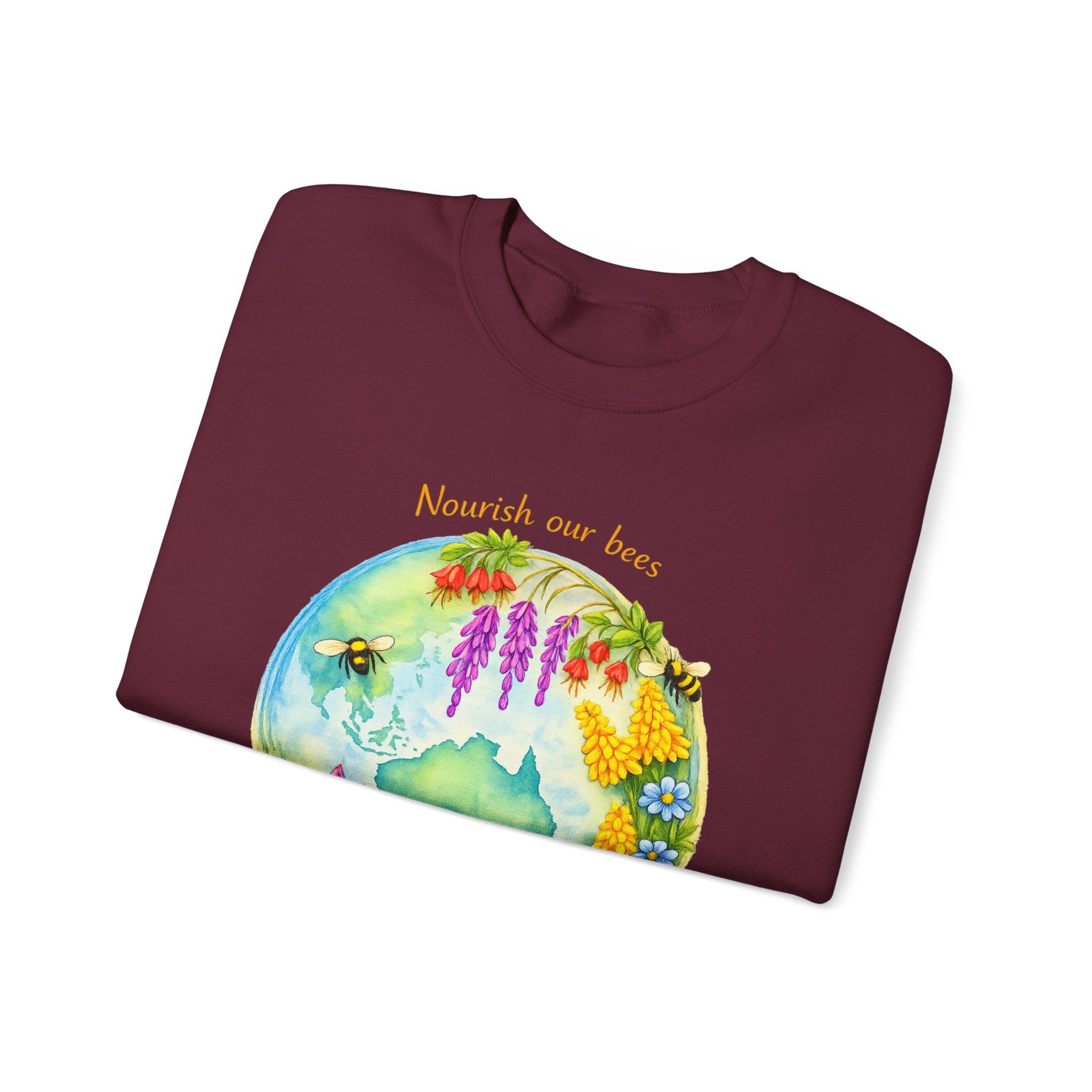 Crewneck Sweatshirt – "Nourish Our Bees, Feed Our People" Floral Australia Bee Conservation Design