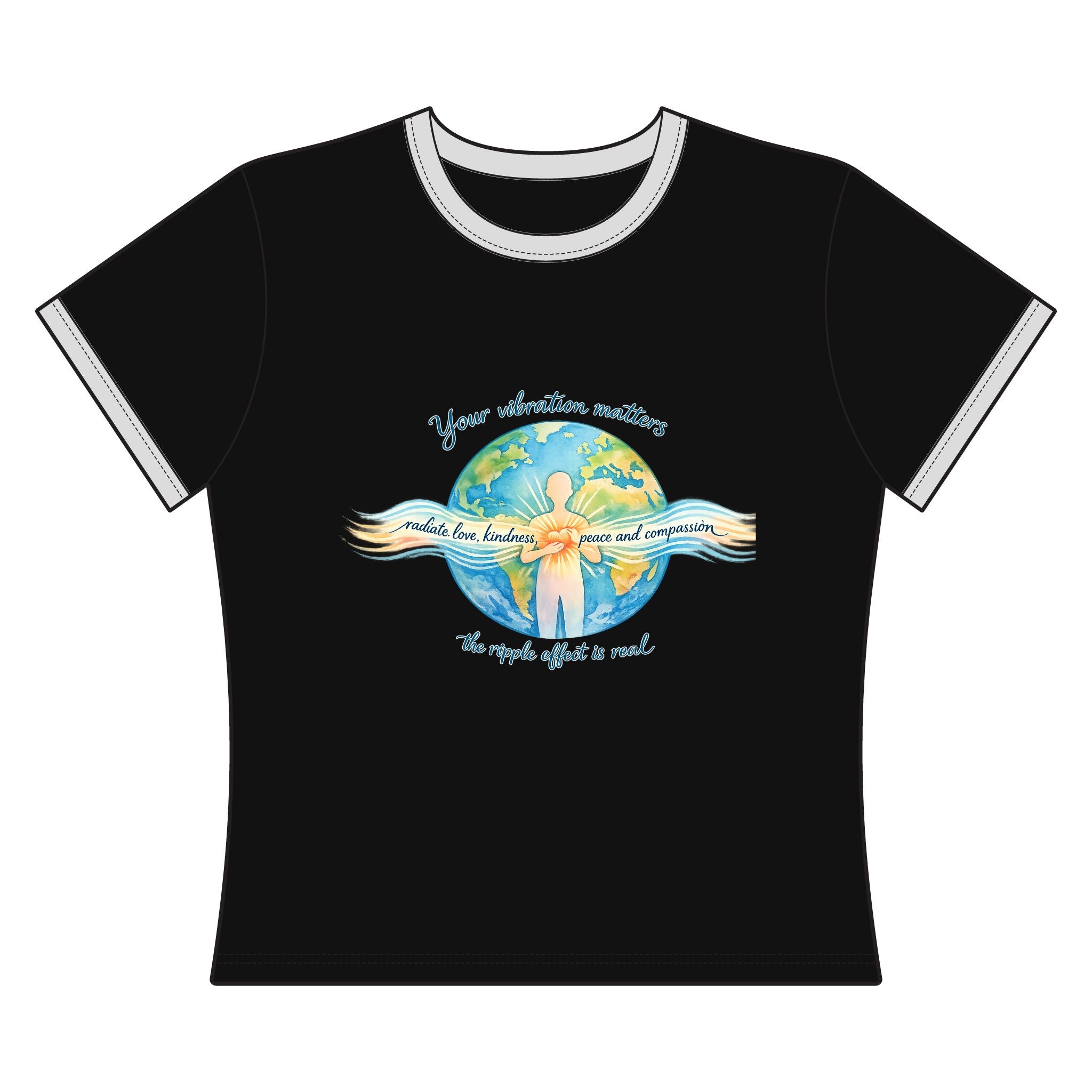 Women's Ringer Tee — "Your vibration matters" Earth & Peace Graphic