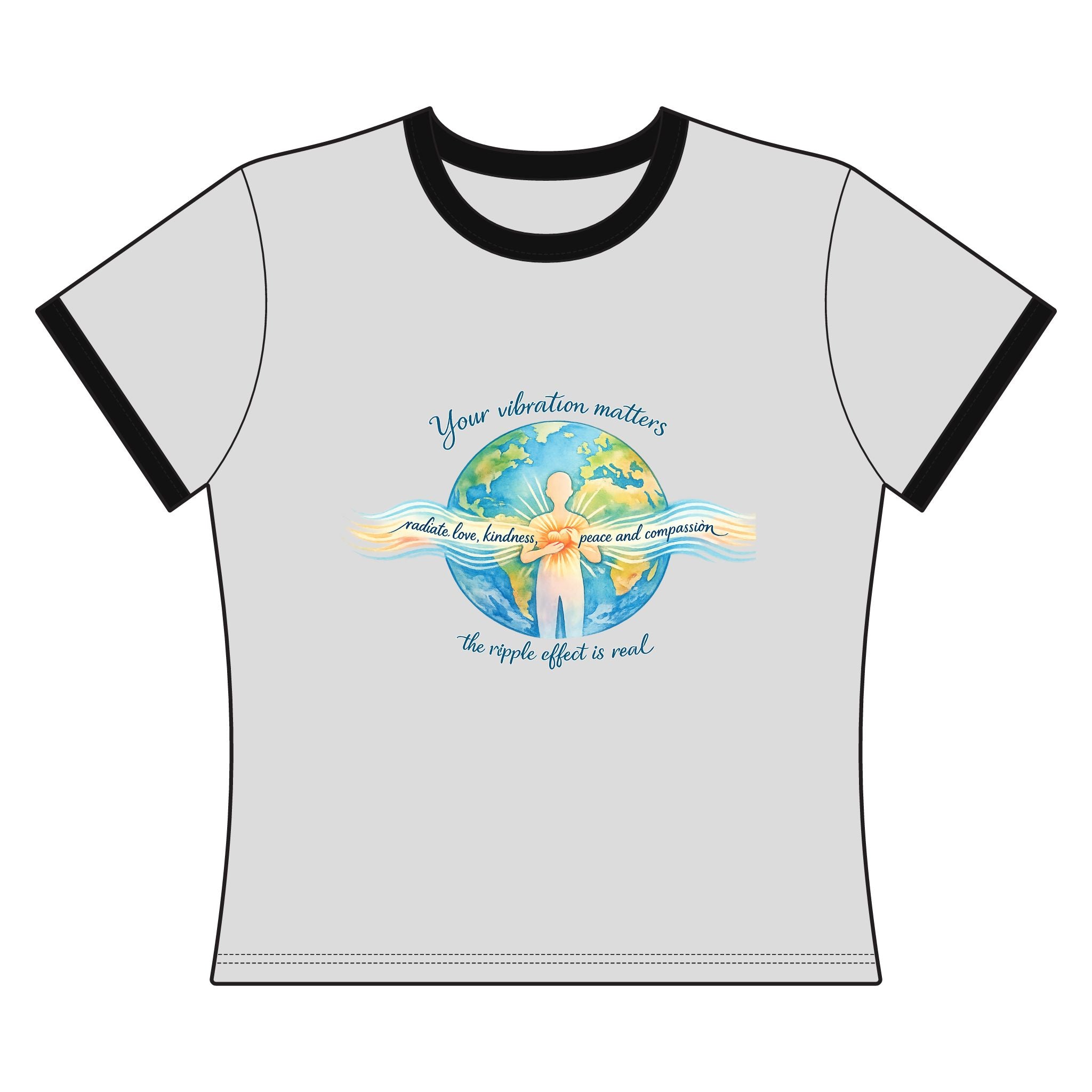 Women's Ringer Tee — "Your vibration matters" Earth & Peace Graphic