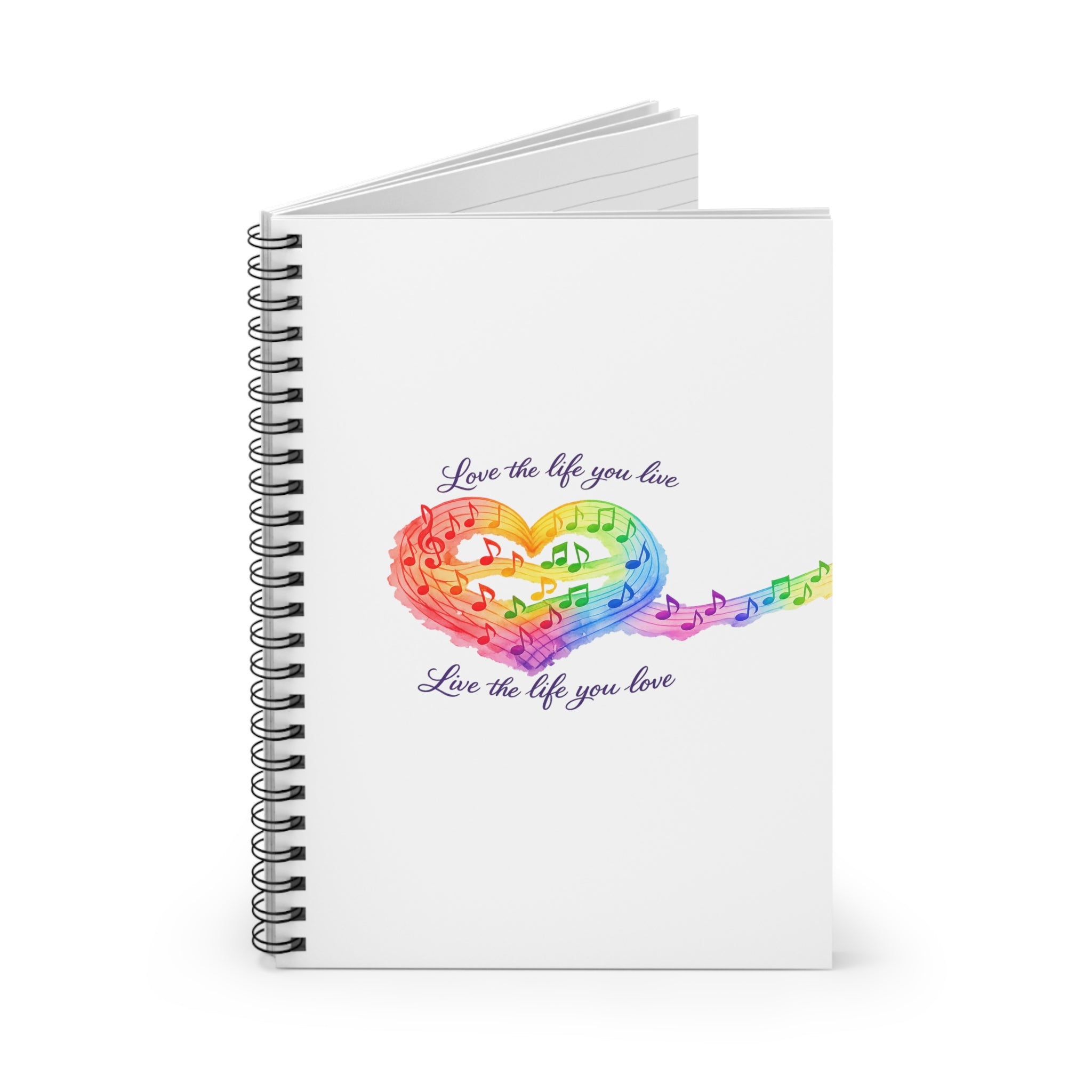 Rainbow Music Heart Spiral Notebook — "Love the life you live" Ruled Journal