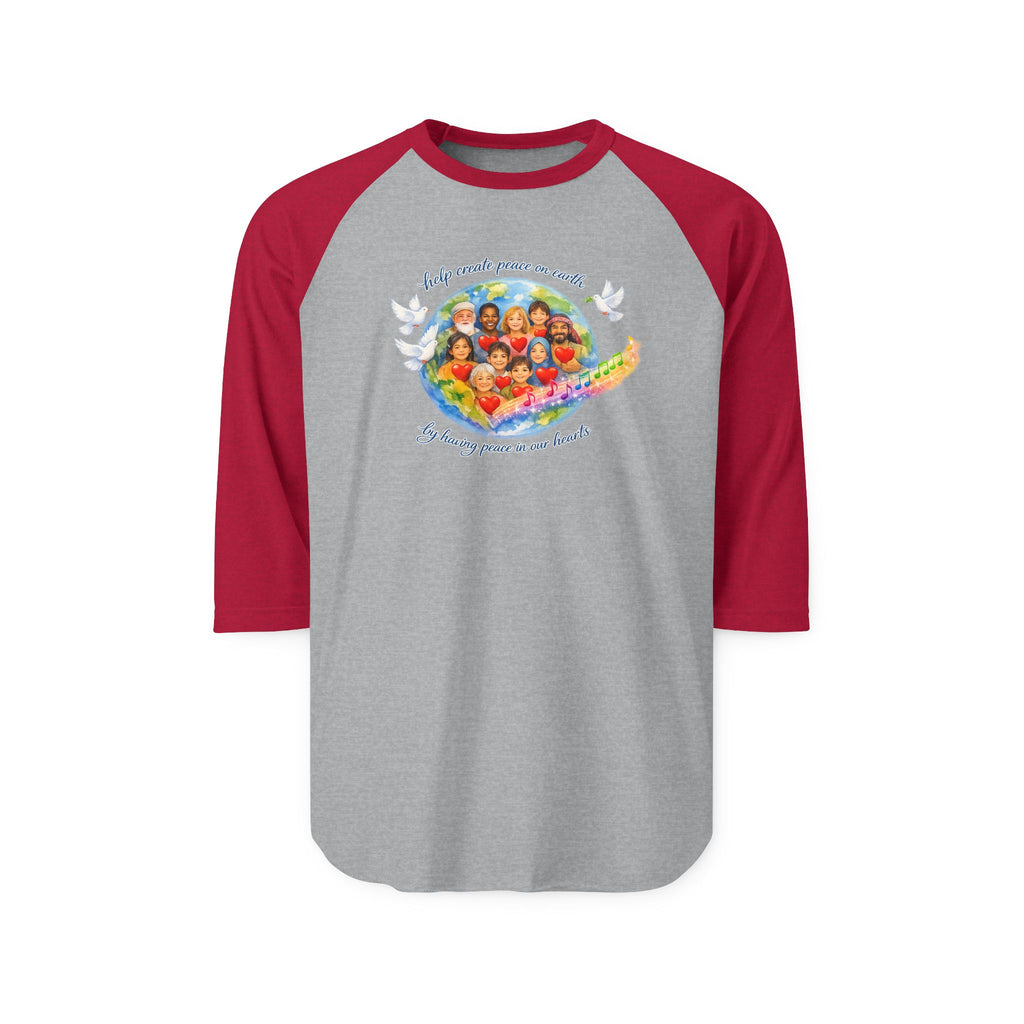 Raglan Shirt — "Help create peace on earth" Dove & Children Graphic Baseball Tee