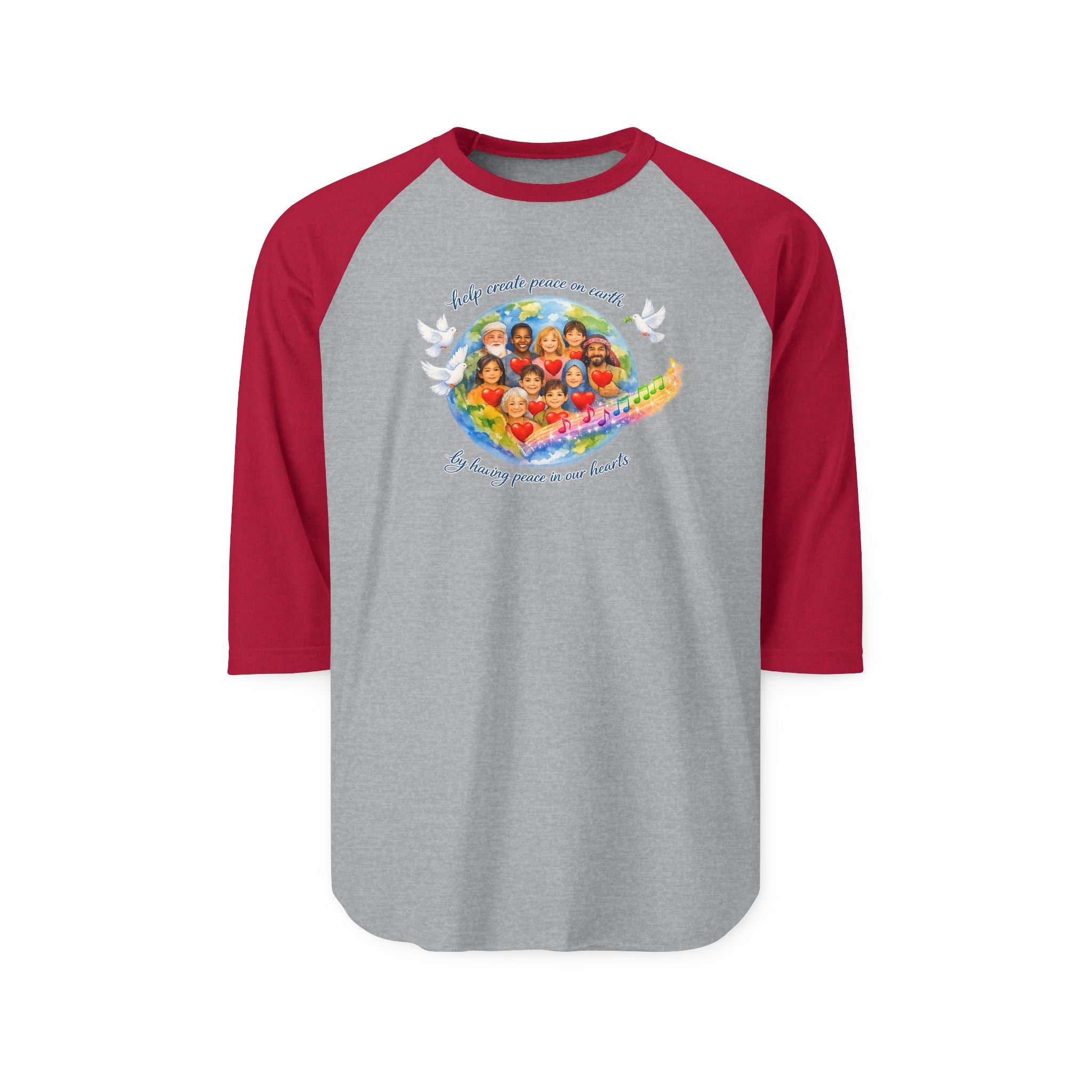 Raglan Shirt — "Help create peace on earth" Dove & Children Graphic Baseball Tee