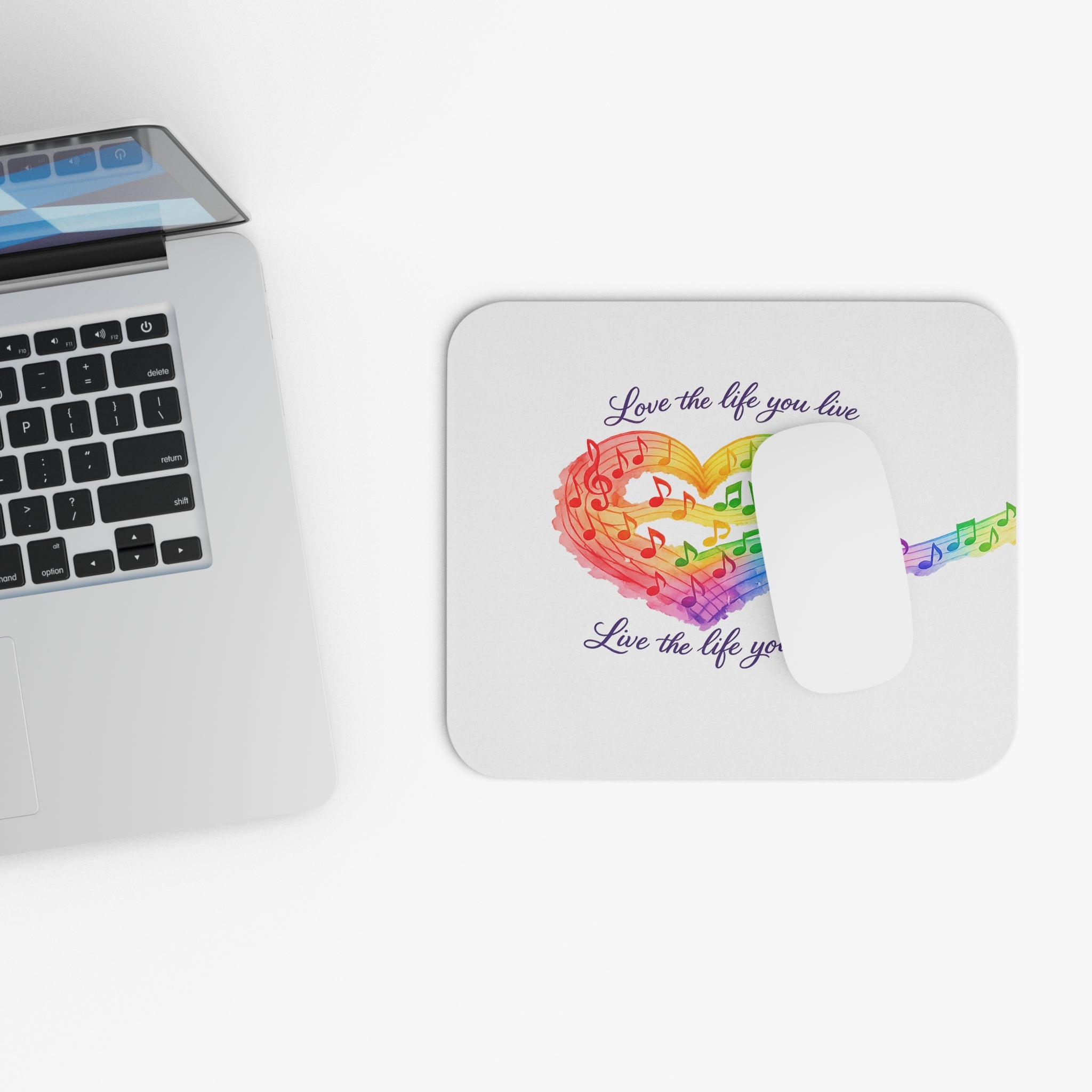 Music Heart Mouse Pad — "Love the life you live, Live the life you love" Rainbow Desk Mat
