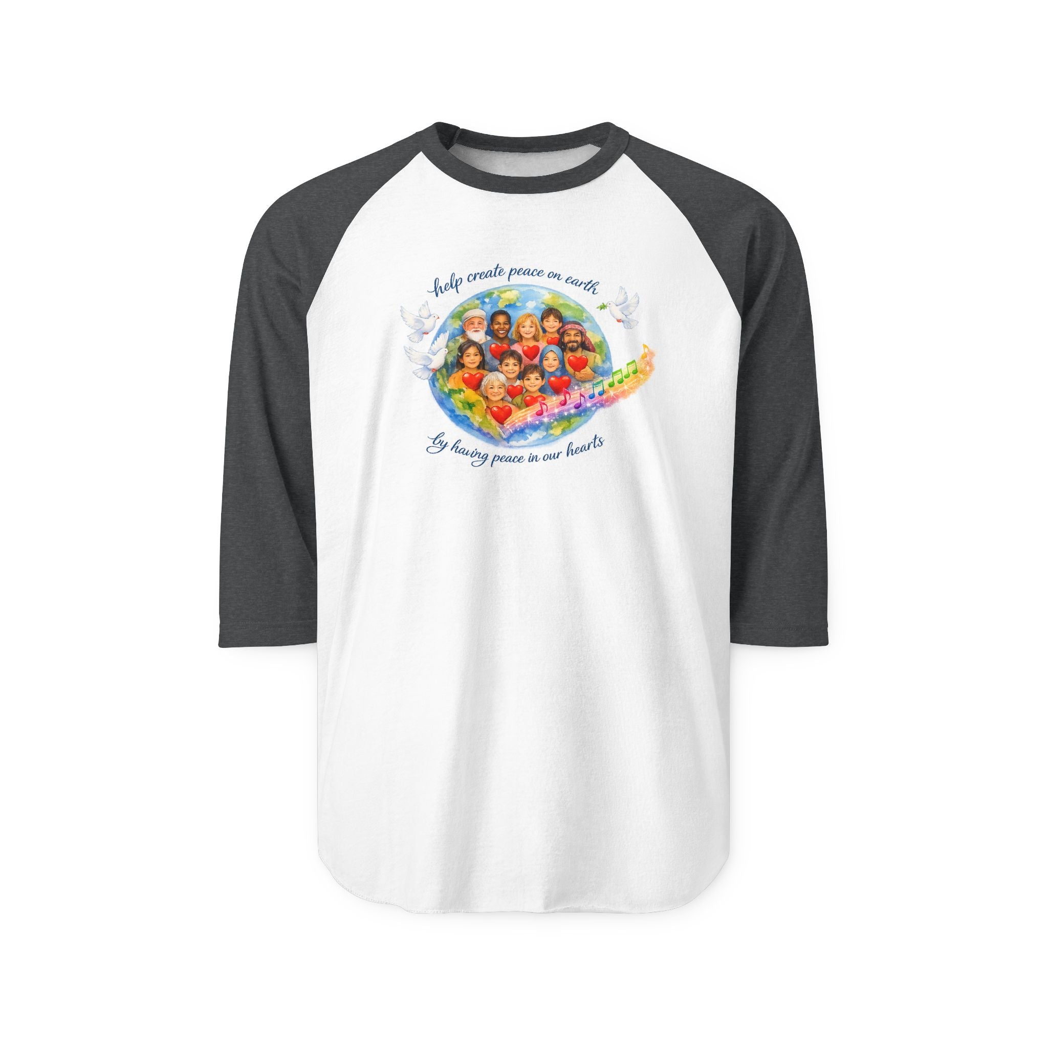 Raglan Shirt — "Help create peace on earth" Dove & Children Graphic Baseball Tee