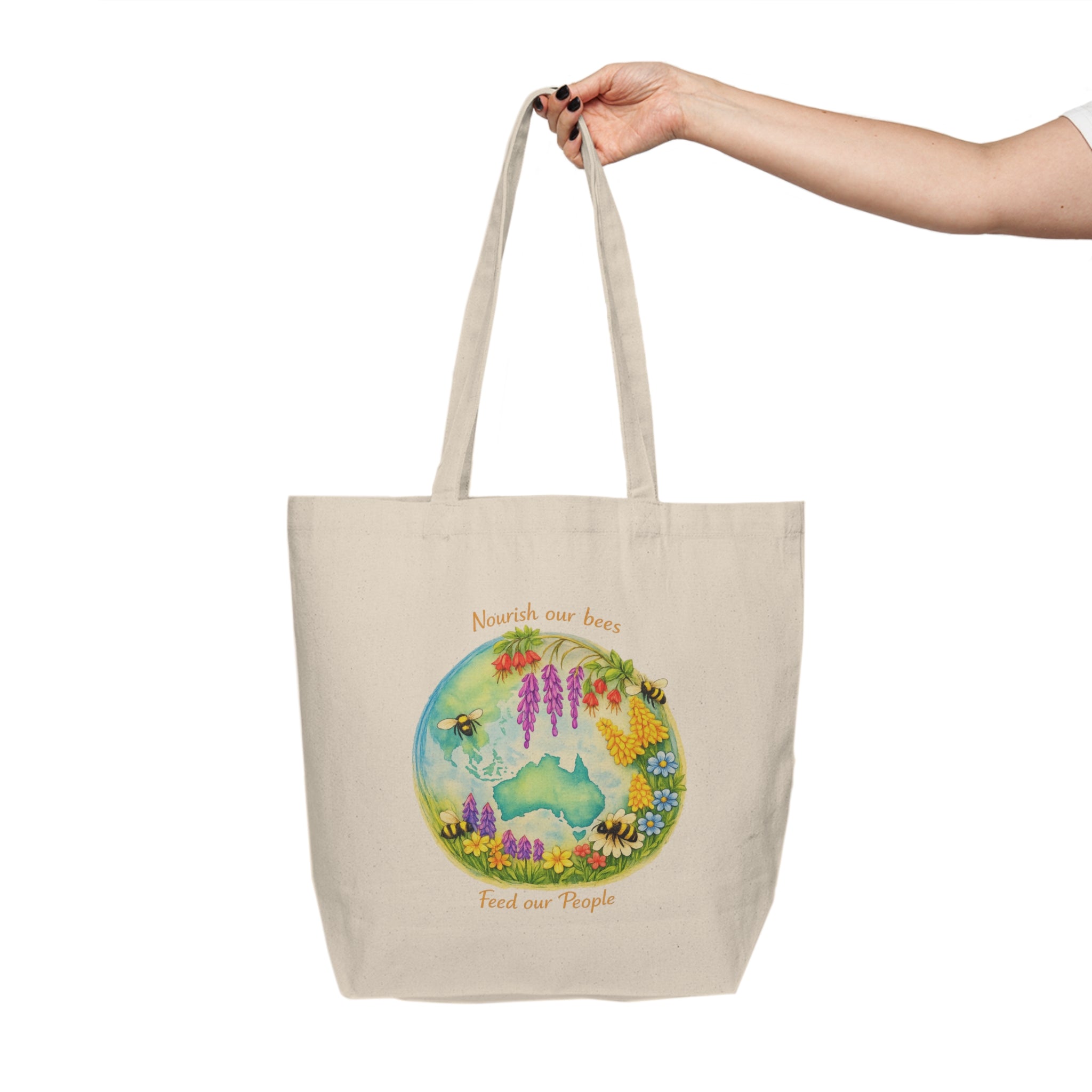 Canvas Tote — "Nourish Our Bees, Feed Our People" Floral Australia Market Bag